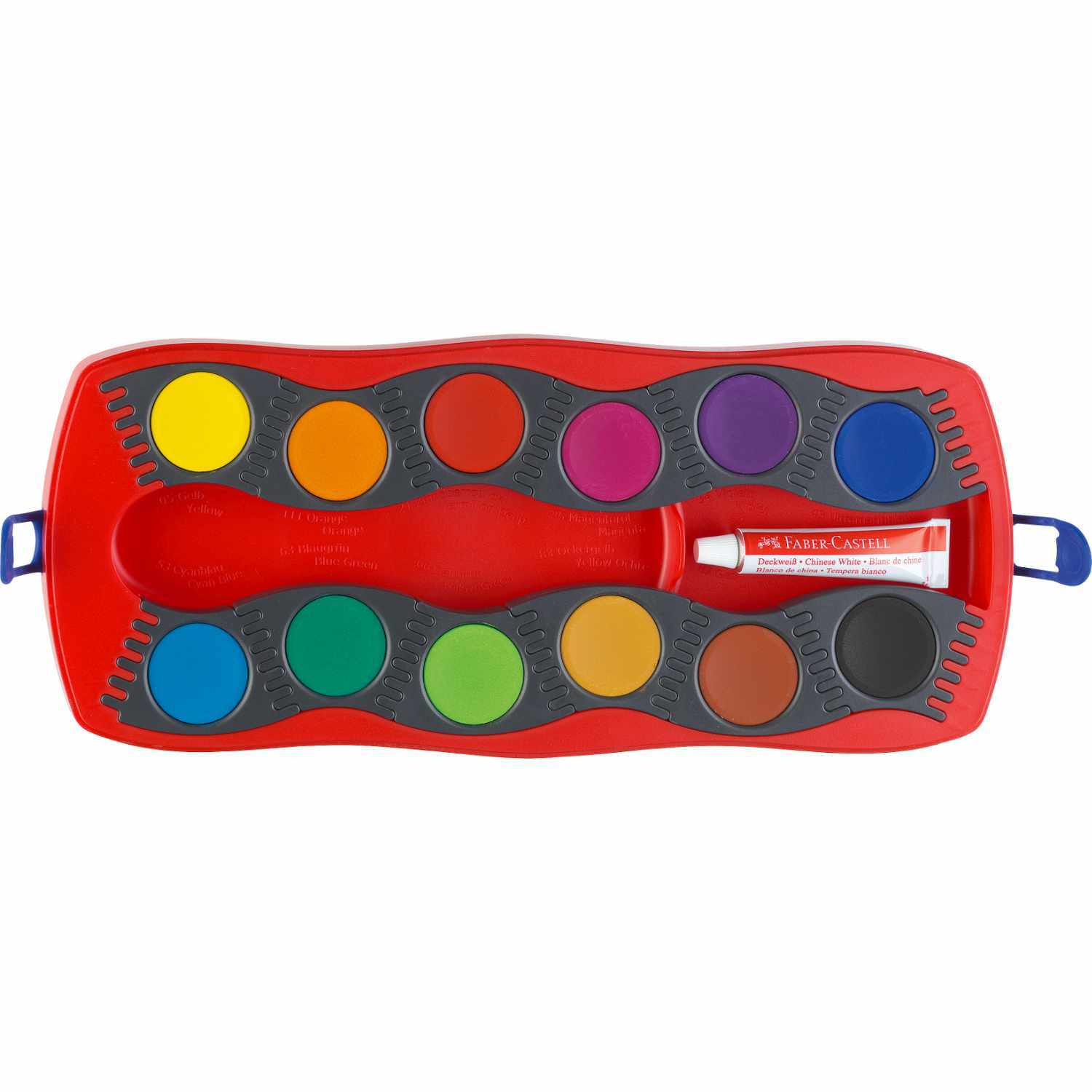 Farbkasten Connector 12 Farben von Faber Castell mit leuchtenden Farbtönen in einem roten Etui.