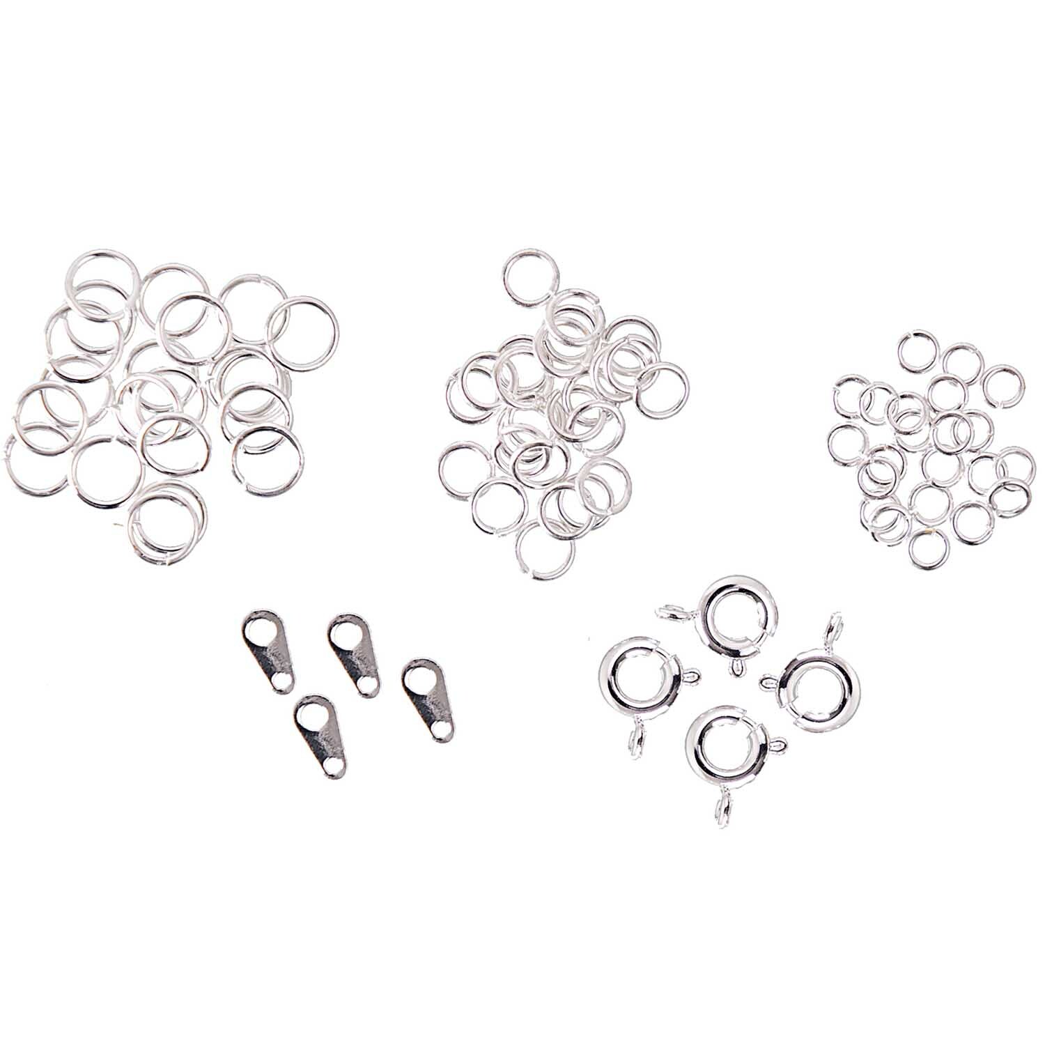 Verschlüsse Mix silber: 58-teiliges Set von Rico Design mit verschiedenen silbernen Verschlüssen. Ideal für Schmuckherstellung und kreative Projekte.