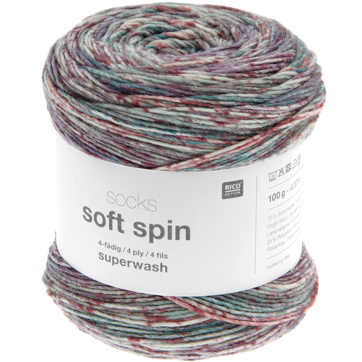 Socks Soft Spin 4-fädig Wolle von Rico Design in sanften, mehrfarbigen Tönen, 100g 400m. Ideal für Strickprojekte mit FunTones.