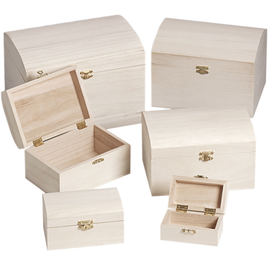 Schatullen Set: Sechs naturfarbene Holzschatullen von Rico Design, ideal zum Aufbewahren kleiner Gegenstände.