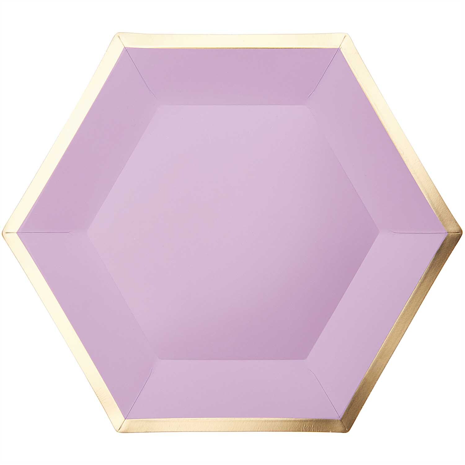 Pappteller Sechseck in Flieder mit goldenen Rändern von Rico Design, ideal für stilvolle Anlässe.