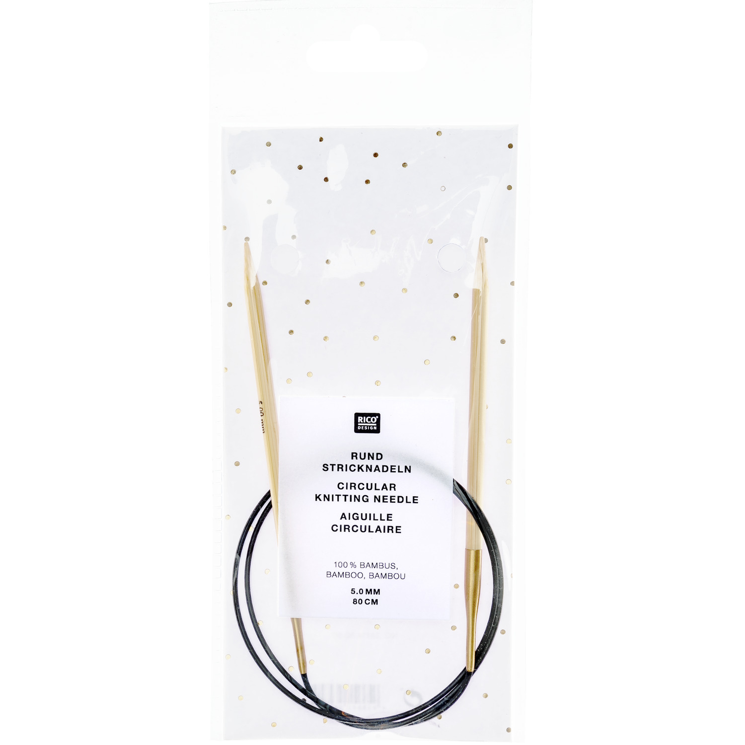 Rundstricknadel 80cm Bambus von Rico Design, abgebildet in einer transparenten Verpackung mit goldenen Punkten.