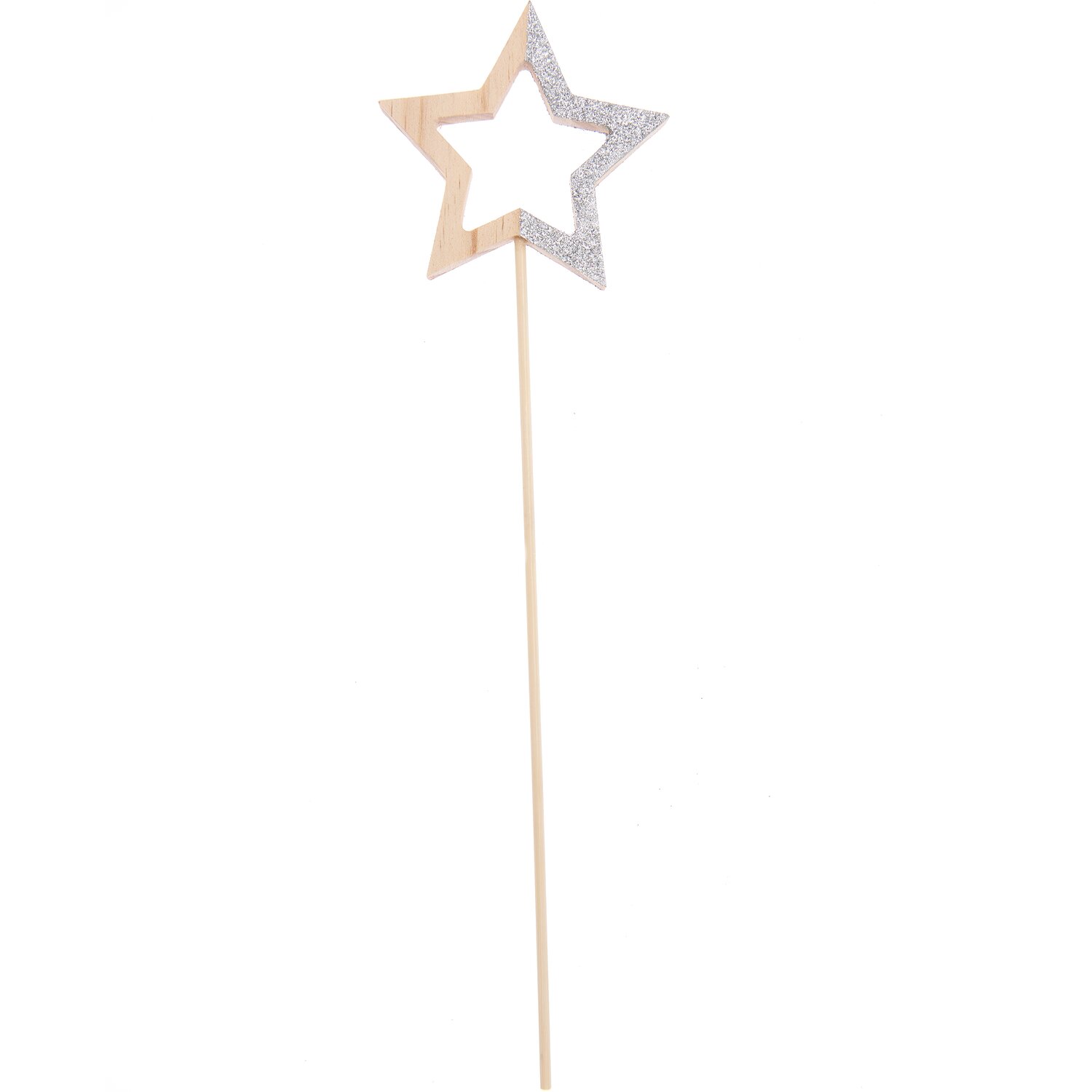 Holzpicker Stern 28,5x8x1cm aus Naturholz mit silbernem Glitzer, ideal für Dekorationen.