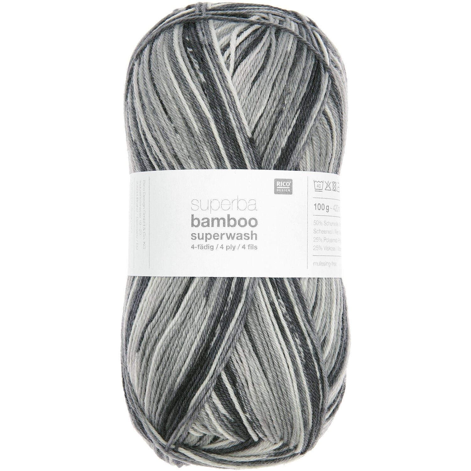 Superba Bamboo superwash Garn von Rico Design in Grautönen, 100g Knäuel mit 420m Länge.