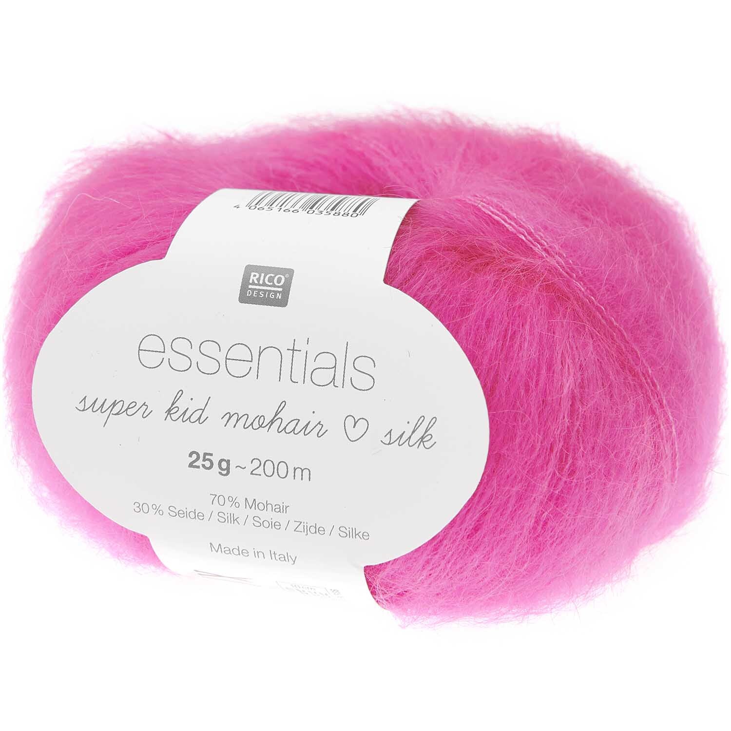 Essentials Super Kid Mohair Loves Silk in leuchtendem Neon-Pink von Rico Design, 25g Knäuel, ideal für Strickprojekte.
