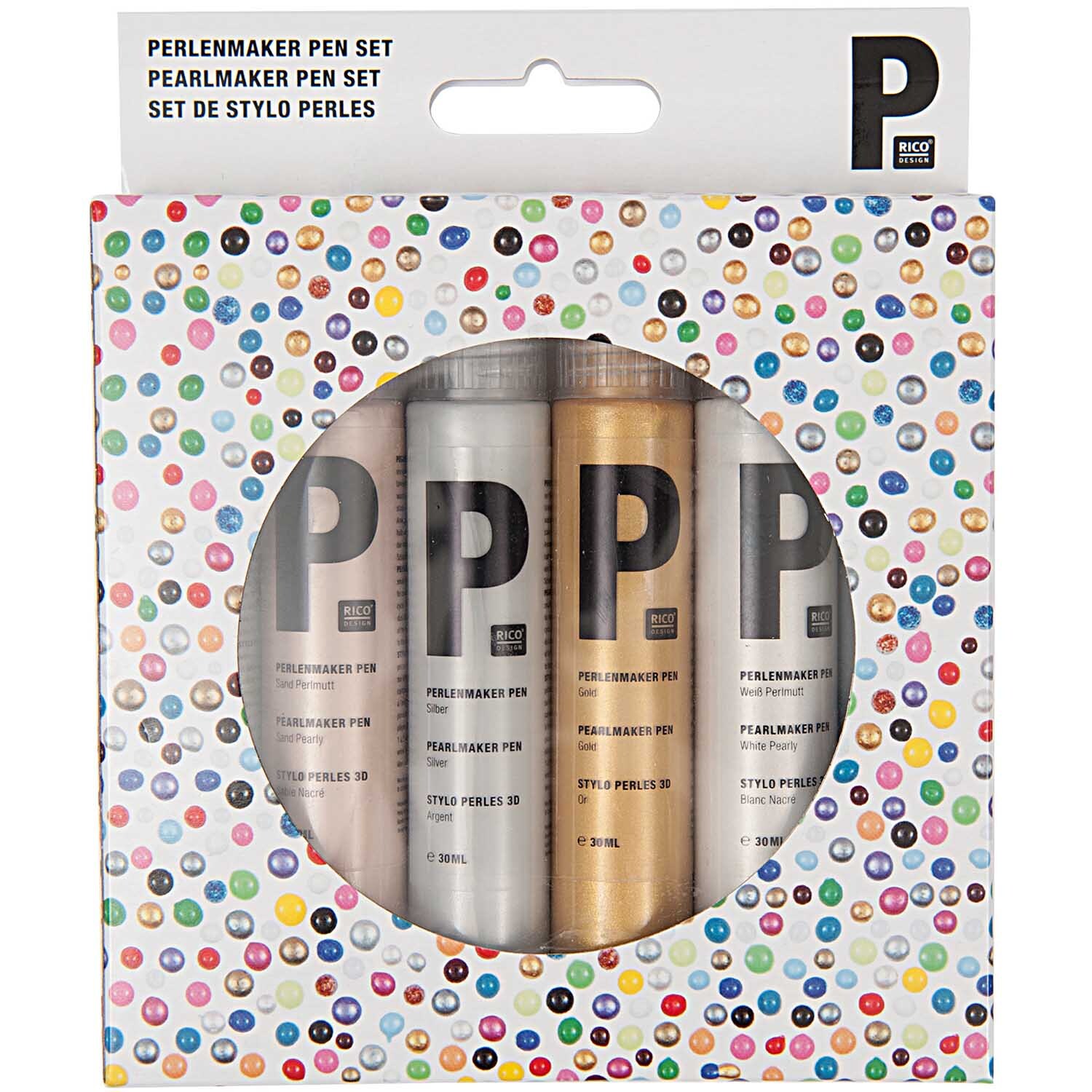 Perlenmaker Pen Set metallic 6x30ml von Rico Design in bunter Verpackung mit sichtbaren Stiften.