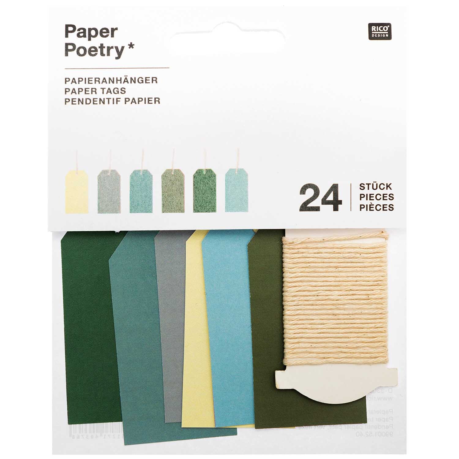 Paper Poetry Papieranhänger klein in verschiedenen Farben, 24 Stück, ideal für kreative Bastelprojekte. Enthält grüne, blaue und gelbe Tags.