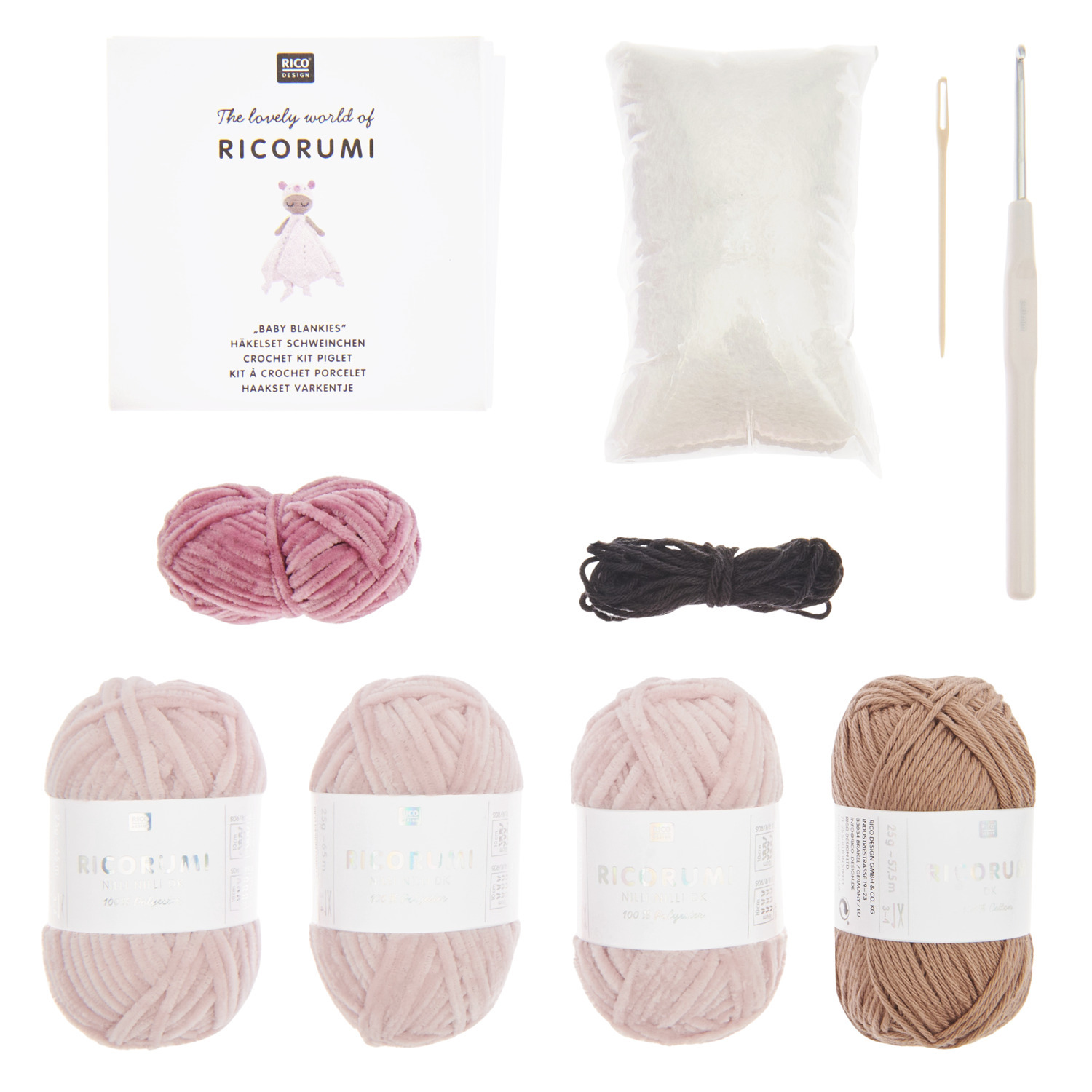 Ricorumi Häkelset Baby Blankies Schweinchen mit rosa und brauner Wolle, Häkelnadel und Zubehör von Rico Design. Ideal für kreative Handarbeiten.
