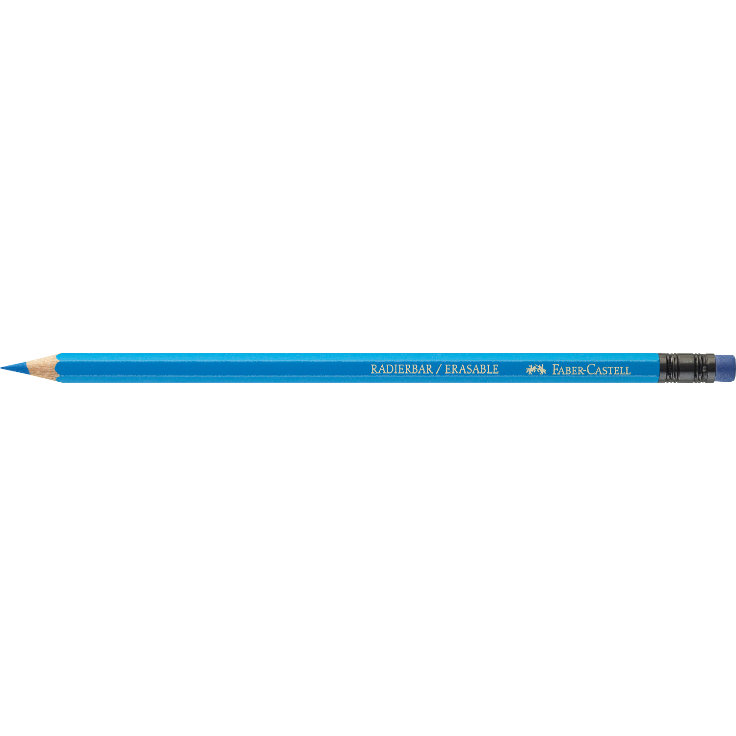 Classic Colours radierbarer Buntstift im Kartonetui von Faber Castell, blau, 12 Stück, liegt auf weißem Hintergrund.