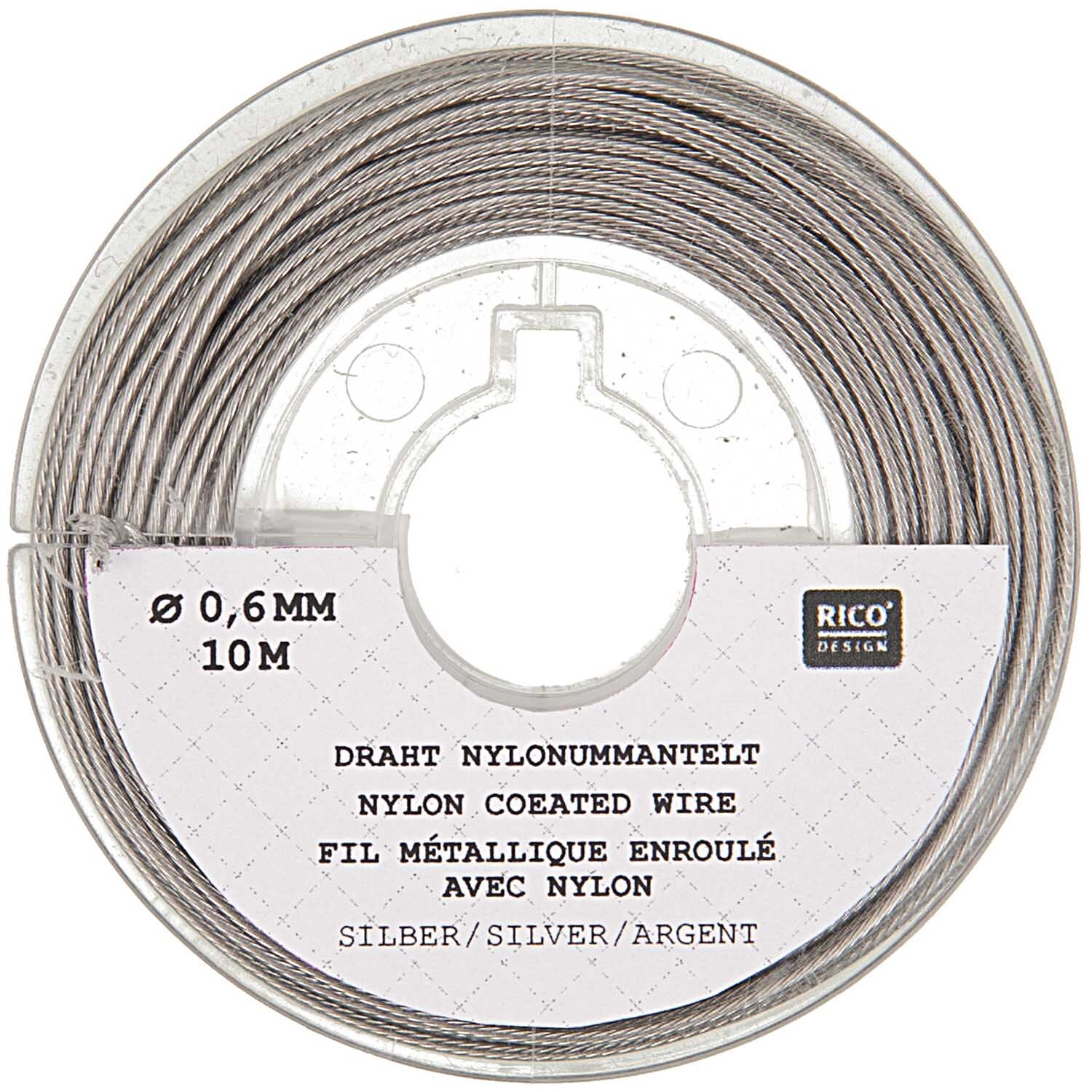 Edelstahlseide silber 0,60mm 10m von Rico Design: Rolle mit silbernem, nylonummanteltem Draht für kreative Projekte.