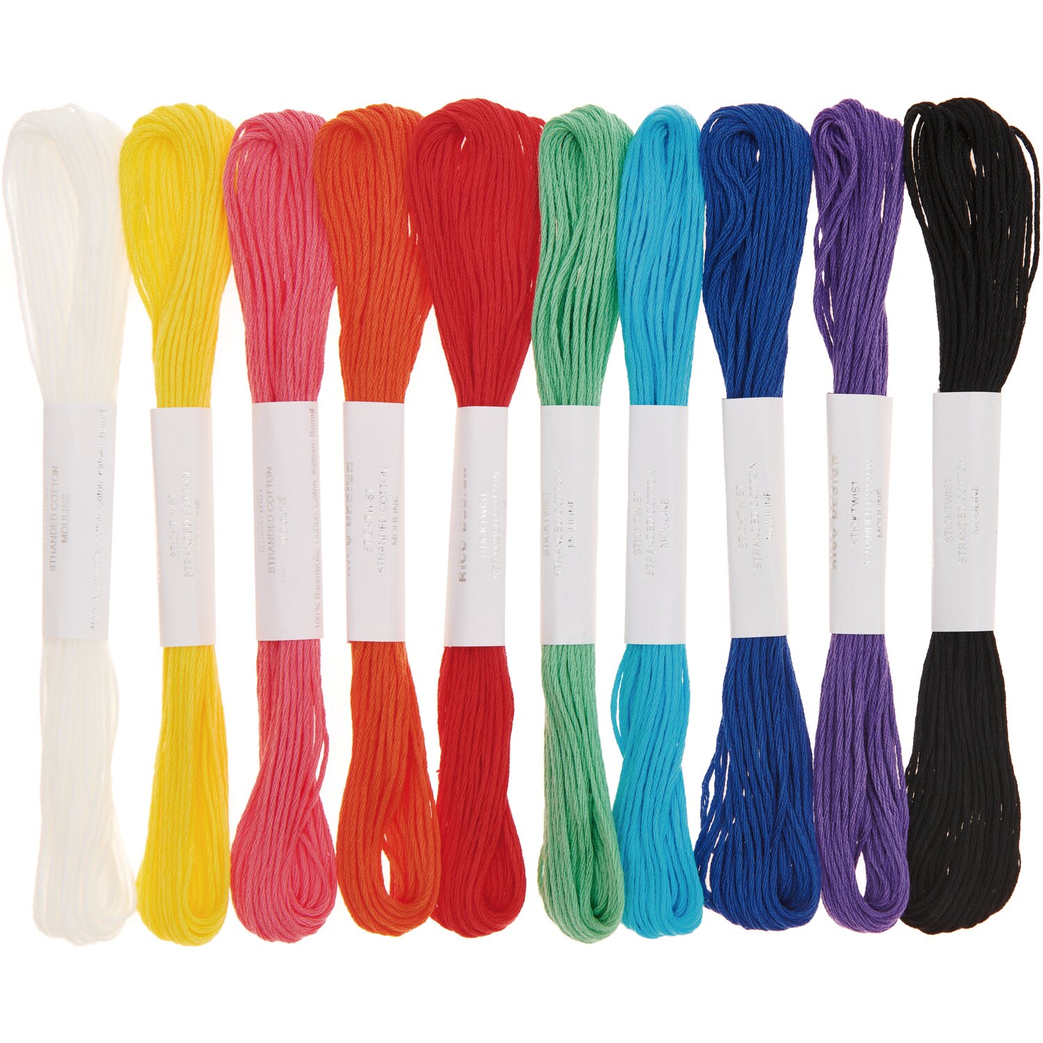 Stickgarn Set Rainbow zeigt Rico Design Stickgarn in zehn kräftigen Farbtönen, sortiert nebeneinander für vielseitige Stick- und DIY-Projekte.