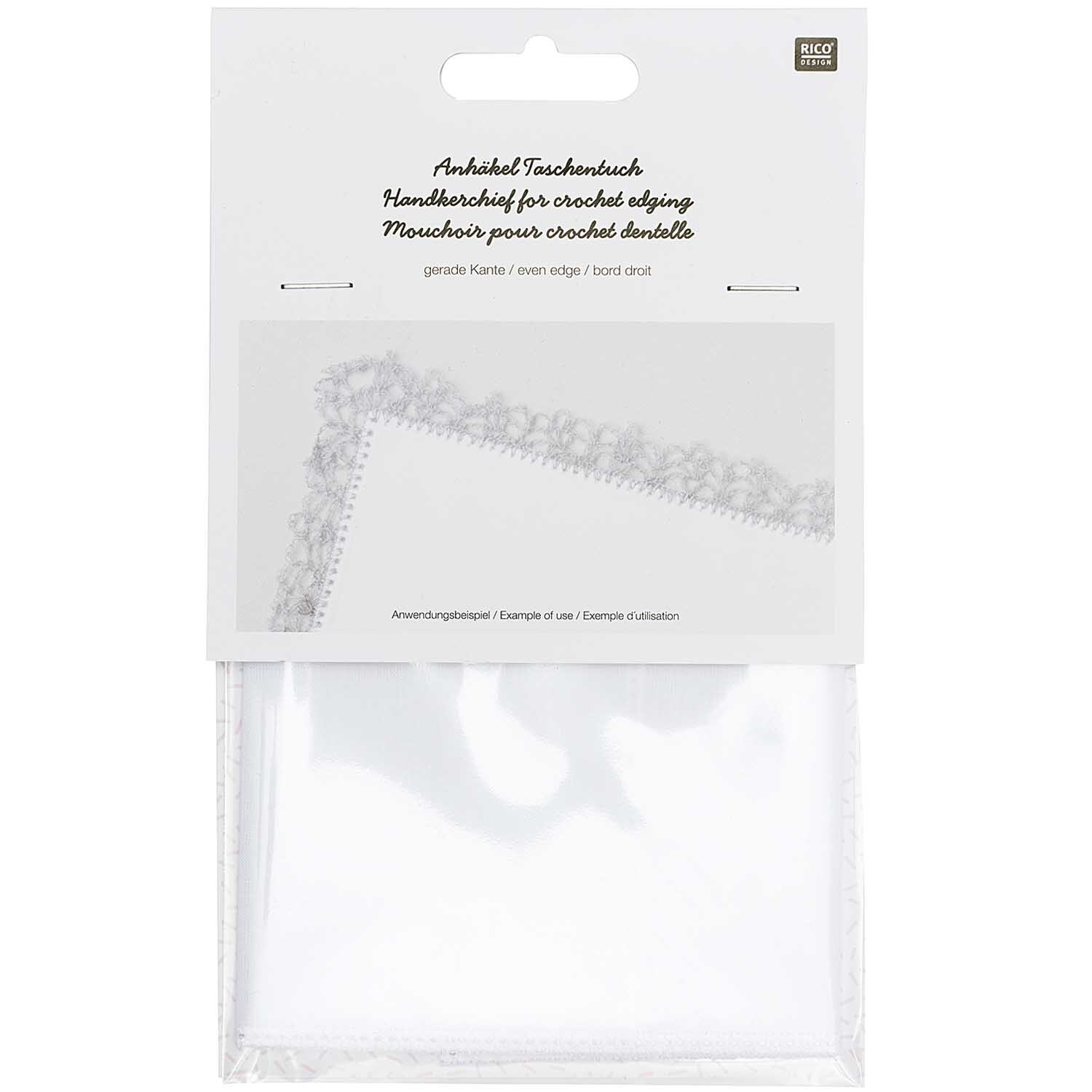 Anhäkeltaschentuch mit gerade Kante 25x25cm, verpackt, zeigt feine Häkelkante in Weiß. Ideal für elegante Anlässe. Marke: Rico Design.