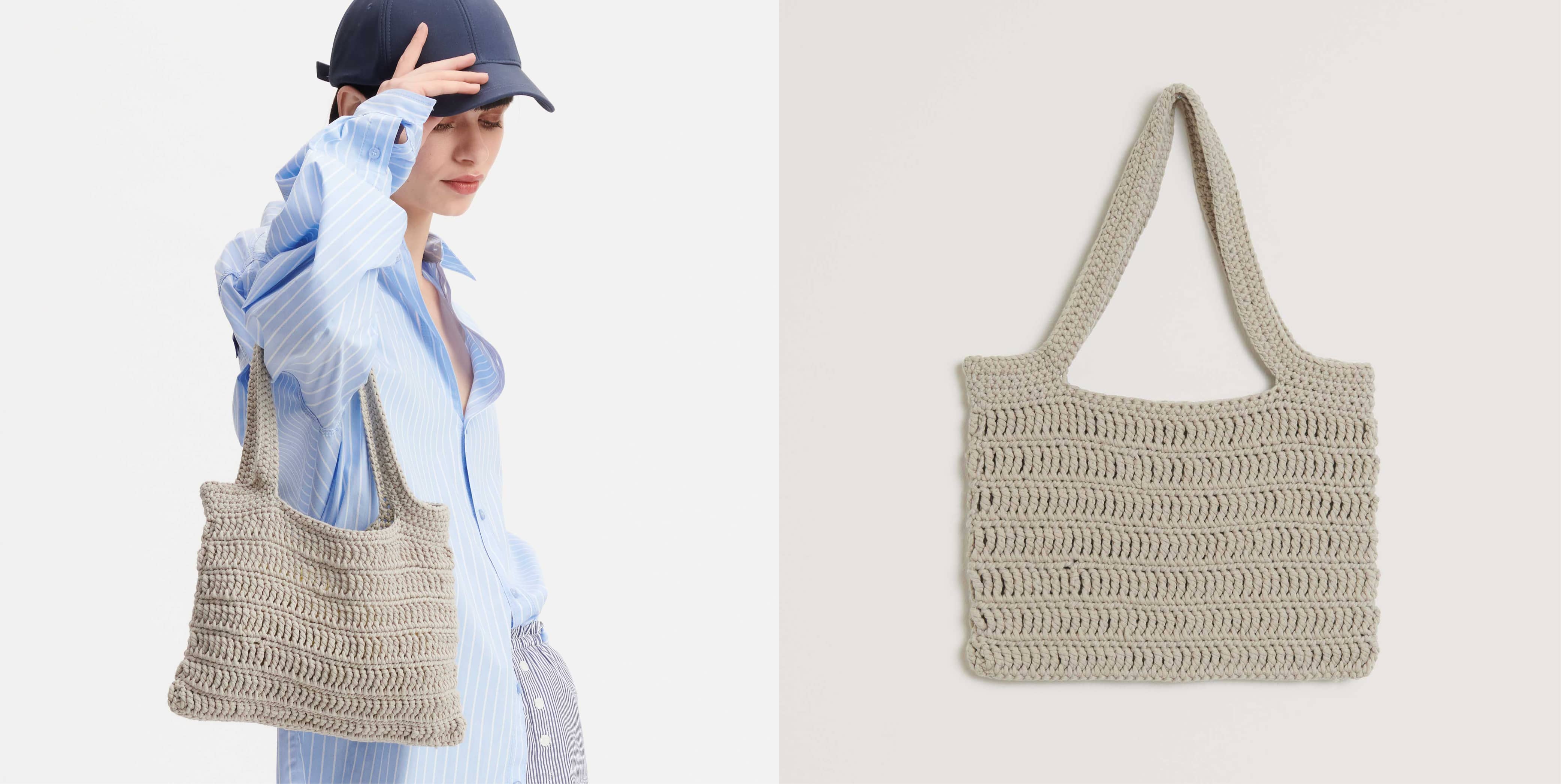 Gehäkelte Tasche Modell 26 aus Made by Me No. 18 getragen am Model und ausgelegt auf grauem Hintergrund