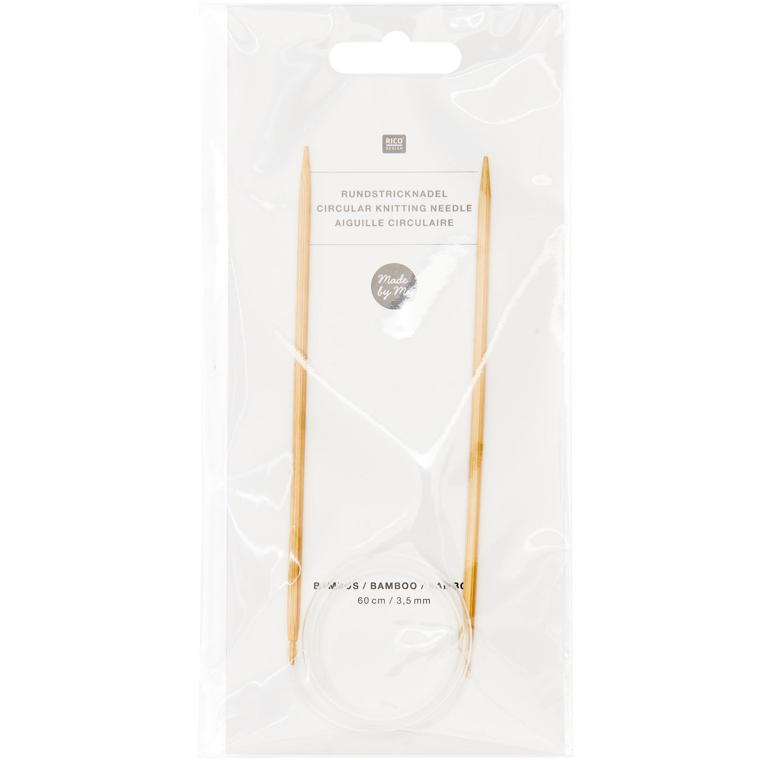 Rundstricknadel 60cm Bambus von Rico Design, aus hellem Bambus, in transparenter Verpackung. Ideal für Strickprojekte.