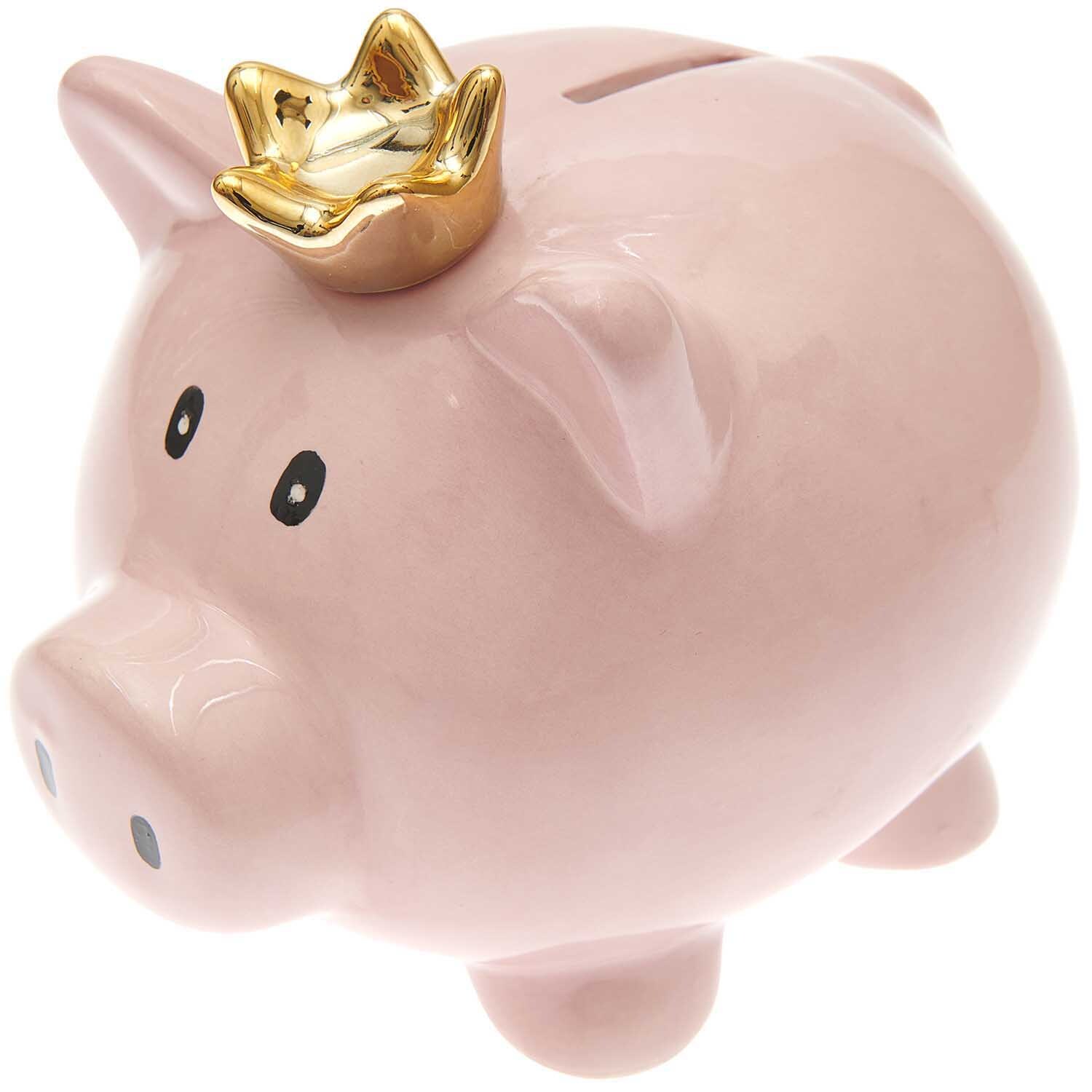 Sparschwein Prinzessin mit goldener Krone, ideal für Kinderzimmer, von Rico Design in Rosa.
