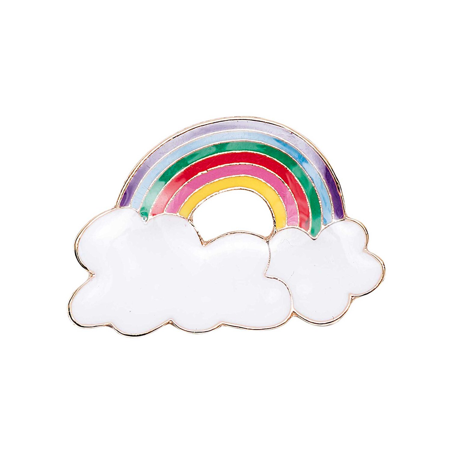 Pin Regenbogen 31x21mm zeigt emaillierten Anstecker mit geschwungenem Bogen über zwei weißen Wolken von Rico Design
