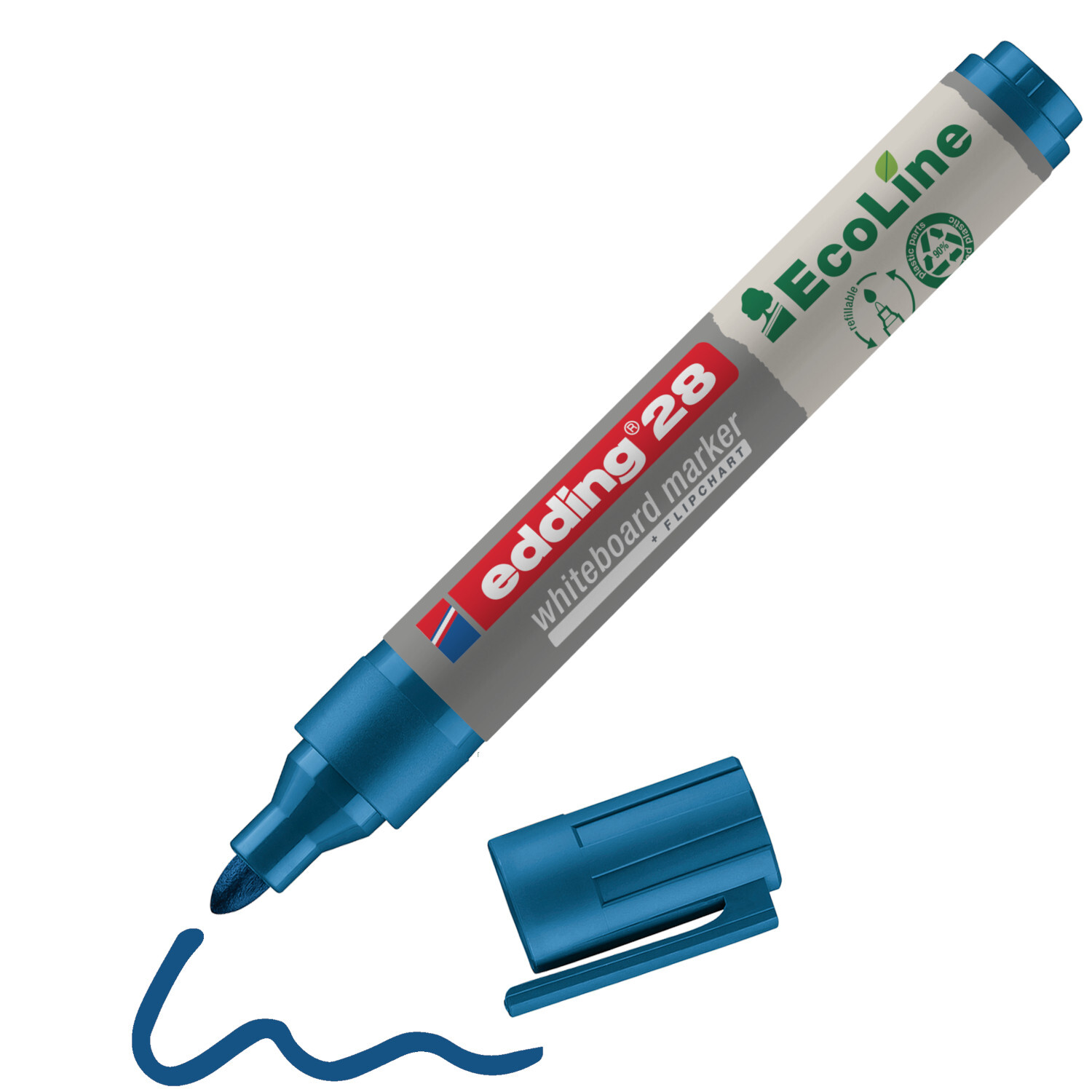 28 EcoLine Whiteboardmarker 1,5-3mm in Blau von edding, mit abnehmbarer Kappe und geschwungener Linie.