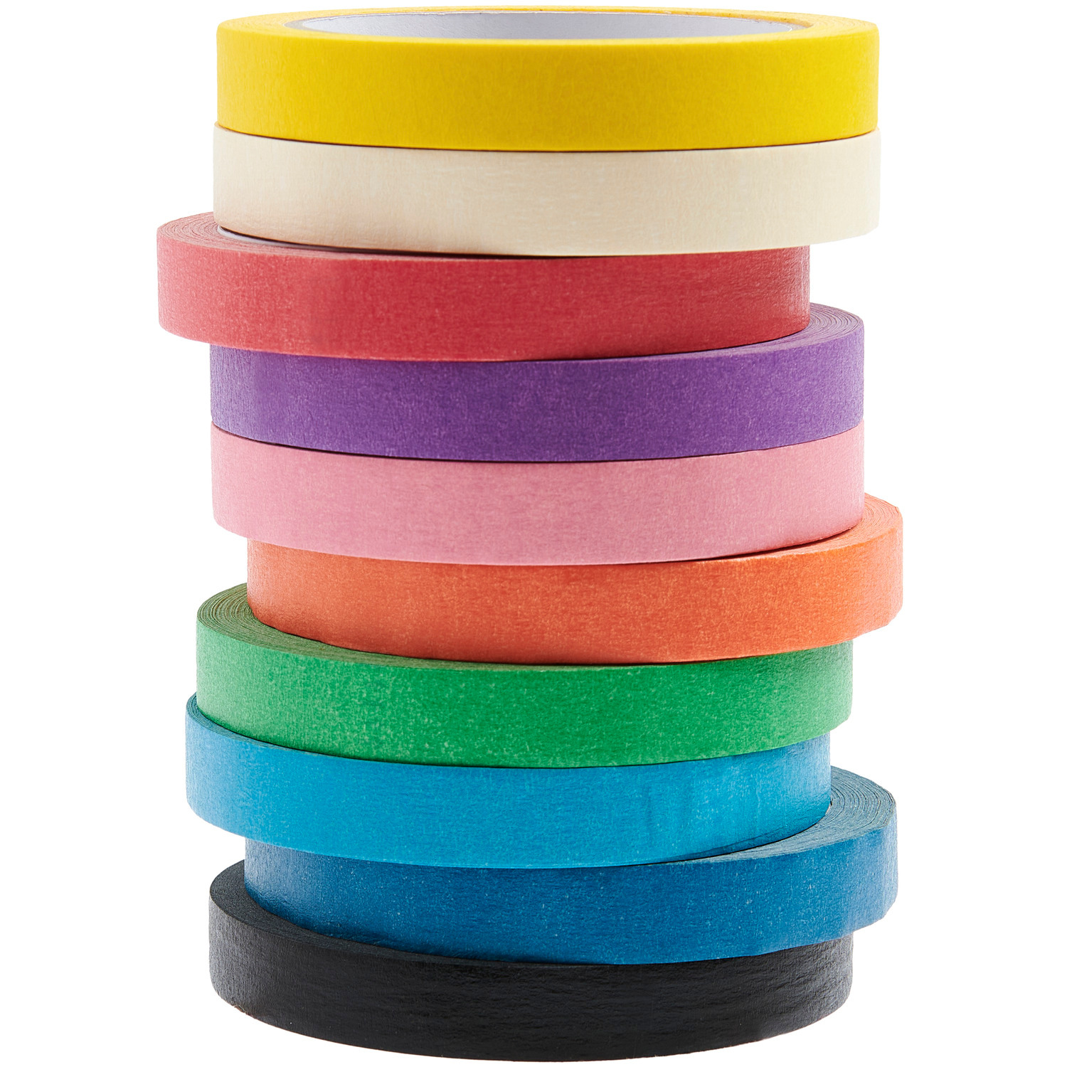 Tape Set Papier Rainbow 15mm 25m, 10 Stück, bunte Klebebänder in verschiedenen Farben gestapelt.