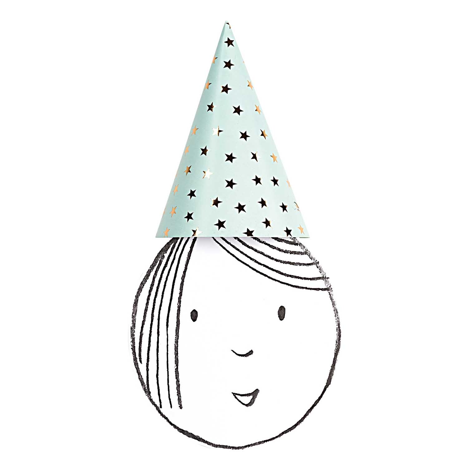 Partyhüte mit grafischen Mustern in verschiedenen Farben von Rico Design, auf einem gezeichneten Gesicht.