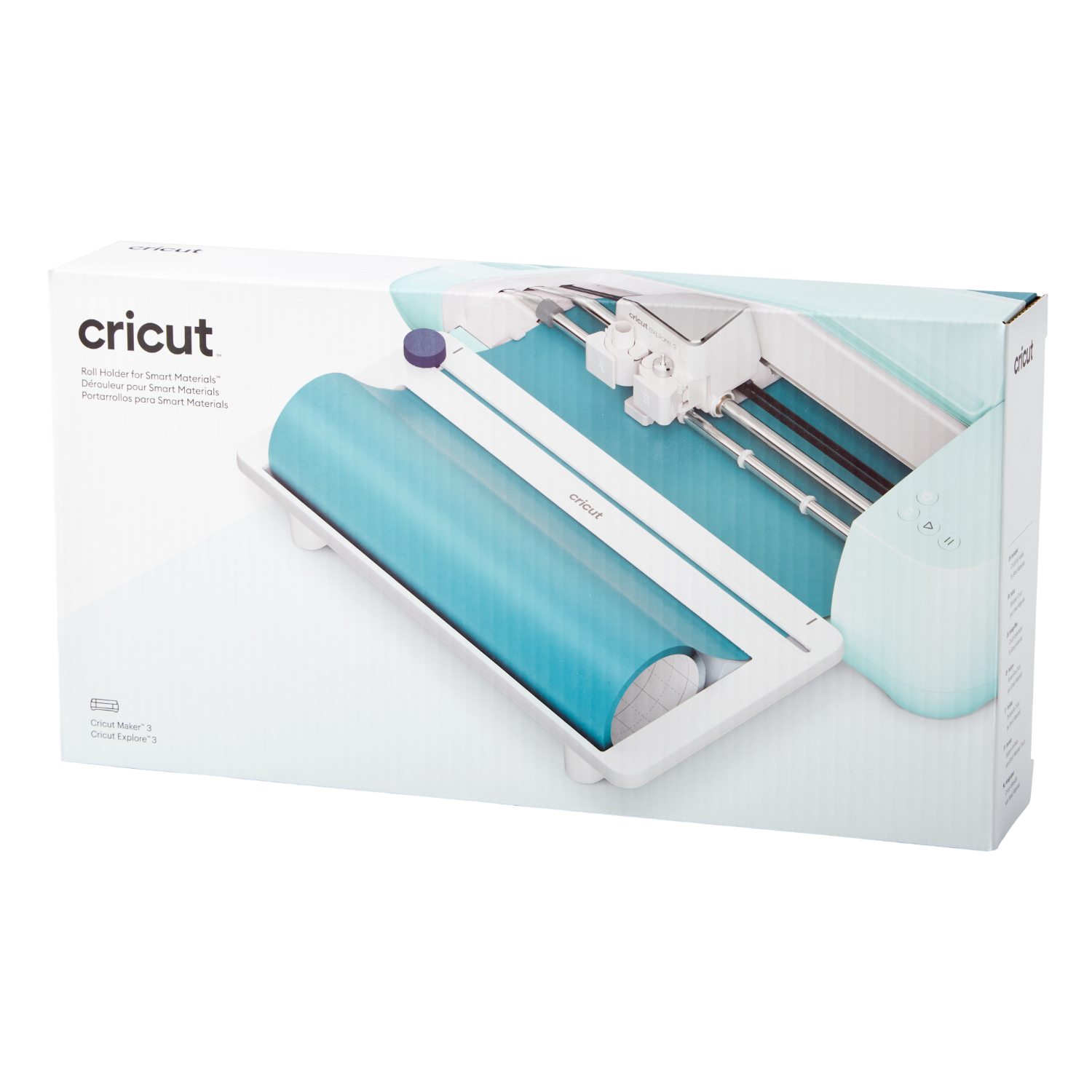 Rollenhalterung für Maker 3 von Cricut in einer Verpackung, die das Produkt und seine Anwendung zeigt.