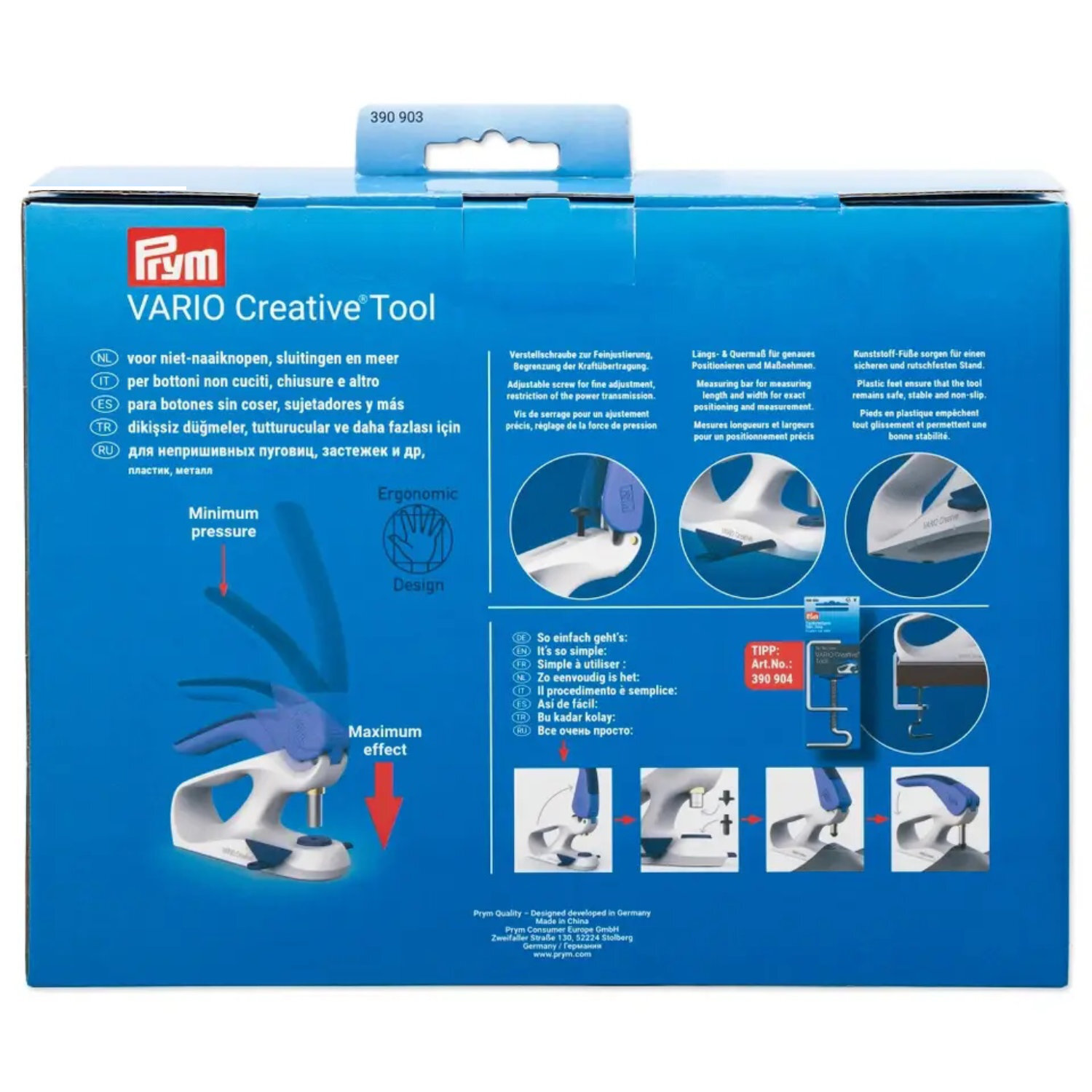 Vario Creative Tool - Stanzwerkzeug von Prym in blauer Verpackung mit Anwendungsbildern.