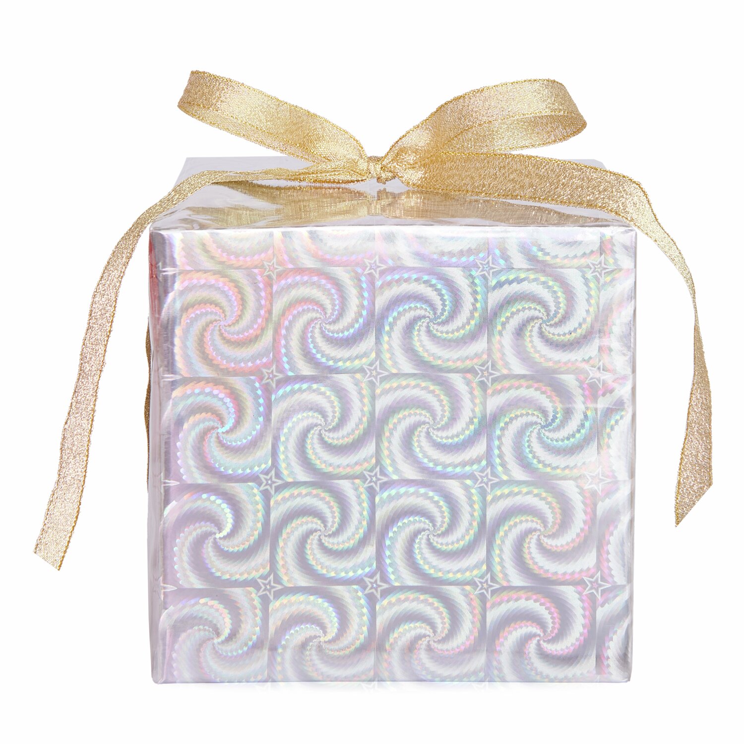 Paper Poetry Geschenkpapier holographisch mit Sternen, 200x70cm, verpackt ein Geschenk mit goldener Schleife. Ideal für festliche Anlässe.