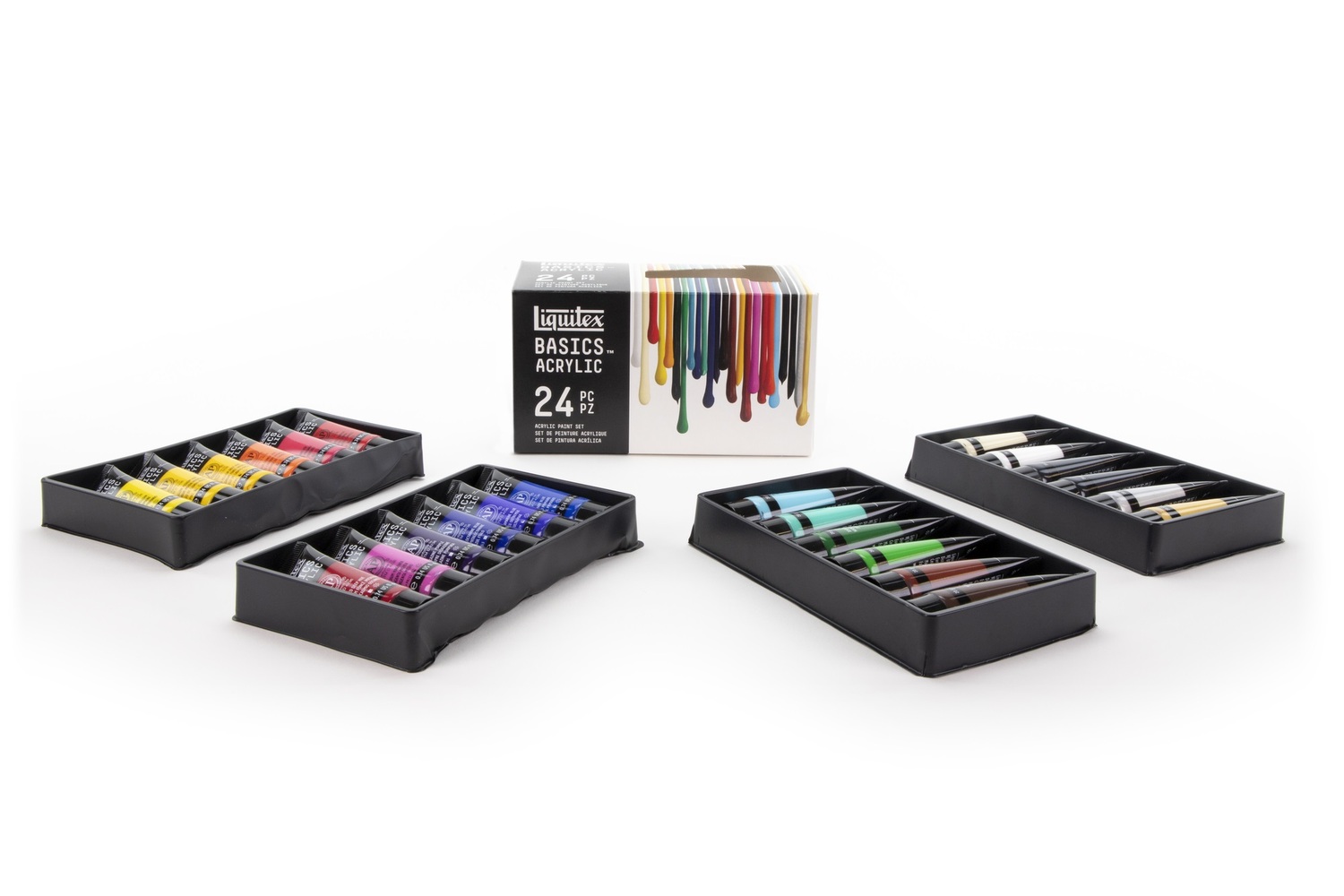 Basics Acrylfarben Set 24x22ml zeigt eine Vielzahl von Farben in vier offenen Schachteln, ideal für kreative Projekte.