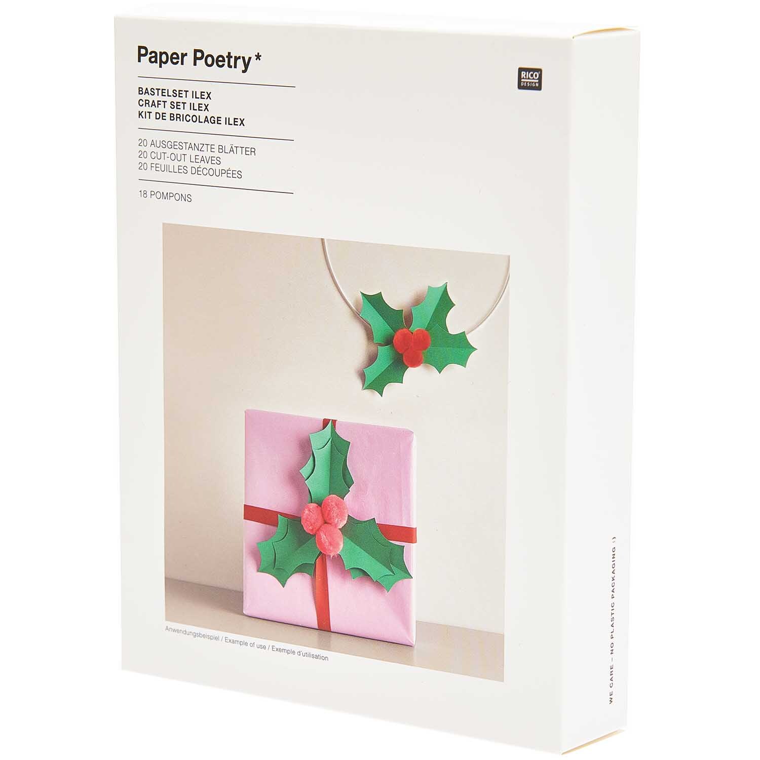 Paper Poetry Bastelset Ilex: Kreatives Set mit 38 Teilen, ideal für festliche Dekorationen mit Ilex-Motiven. Verpackung zeigt fertige Bastelprojekte.
