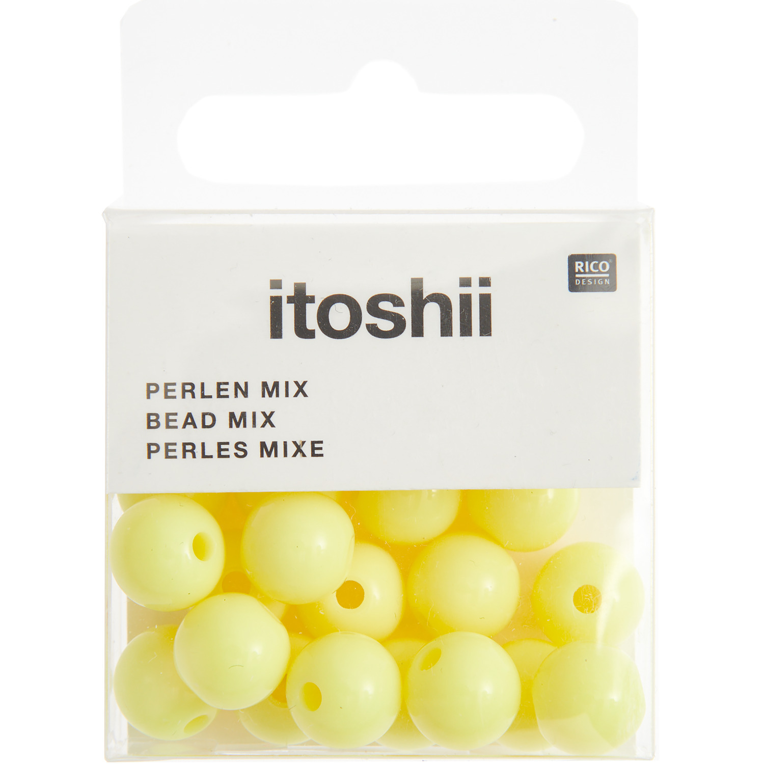 itoshii Kunststoffperlen 10mm, 24 Stück in Gelb von Rico Design, in einer transparenten Verpackung. Ideal für kreative Bastelprojekte.