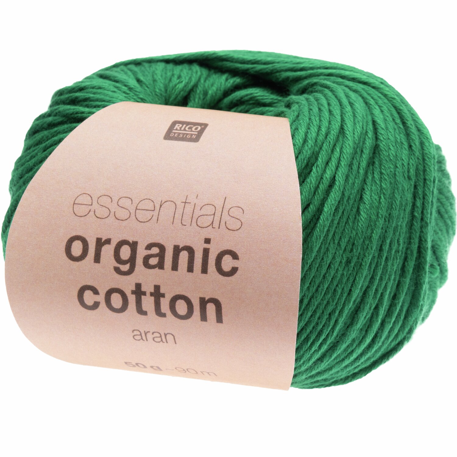 Essentials Organic Cotton aran: Grünes Garnknäuel von Rico Design, 50g, 90m, ideal für Strickprojekte.