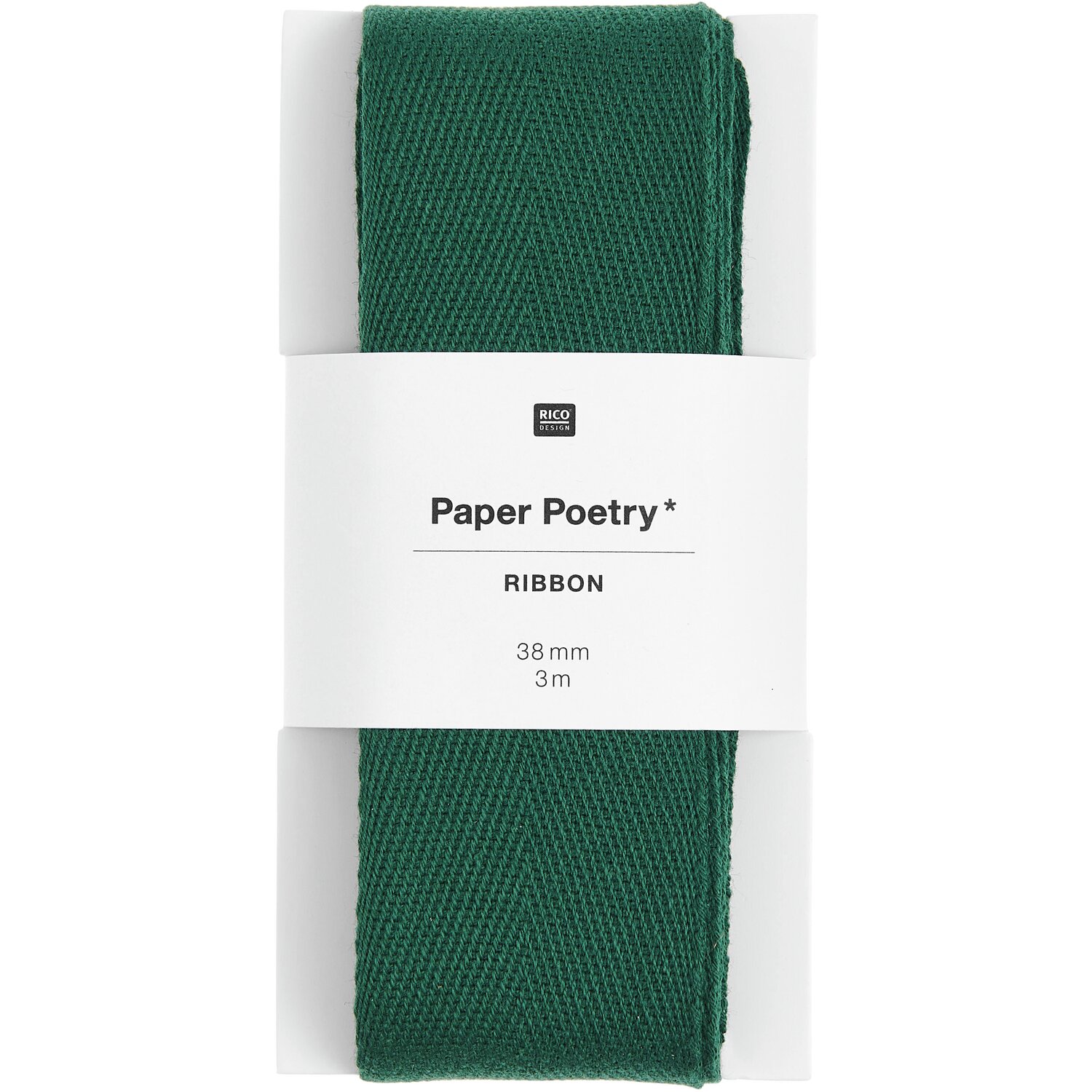 Paper Poetry Baumwollband in Grün von Rico Design, 38 mm breit, 3 m lang, ideal für kreative Projekte.