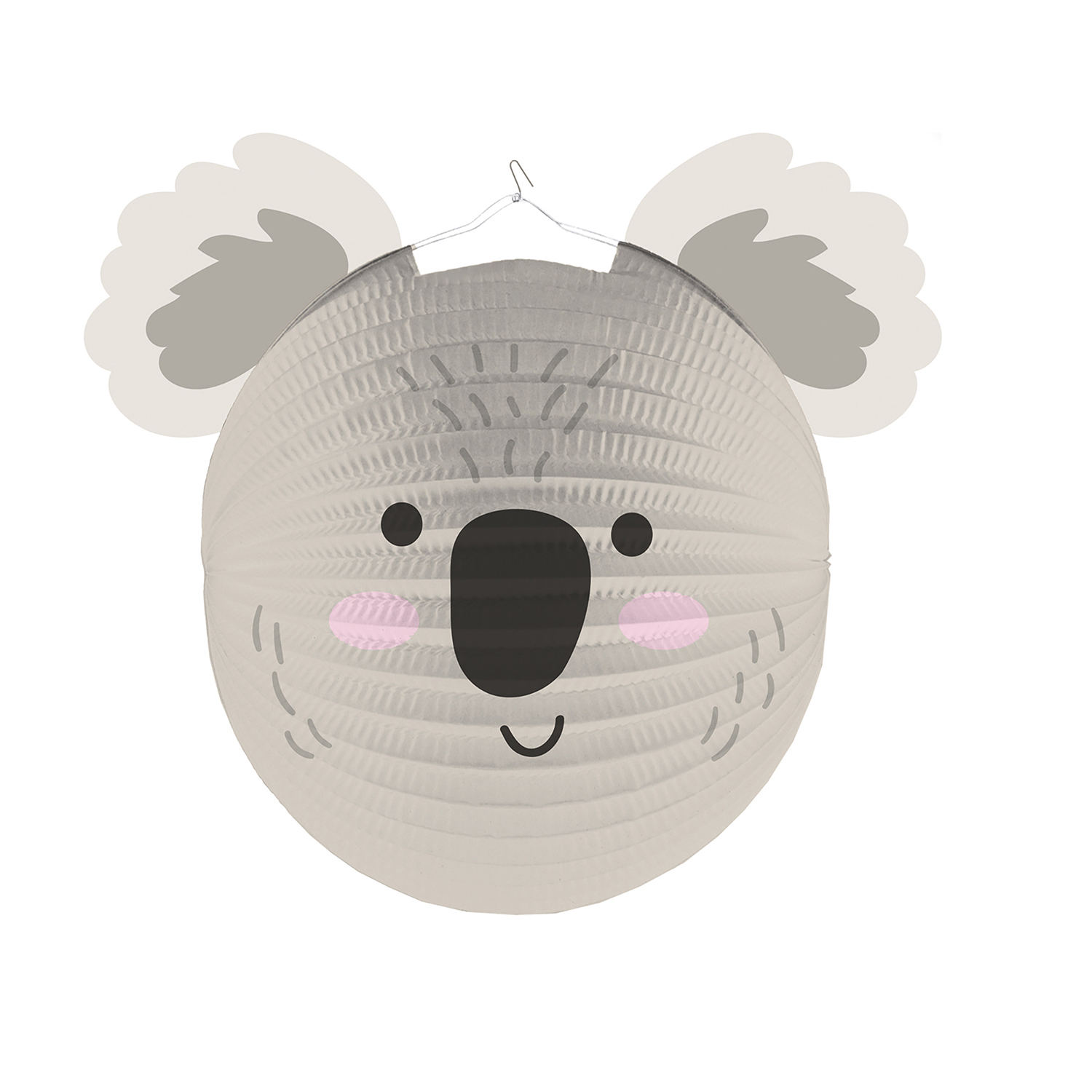 Lampionlaterne Koalaform, Ø25cm, von Amscan. Runde, graue Laterne mit Koalagesicht und Ohren. Ideal für Kinderfeste und Dekorationen.