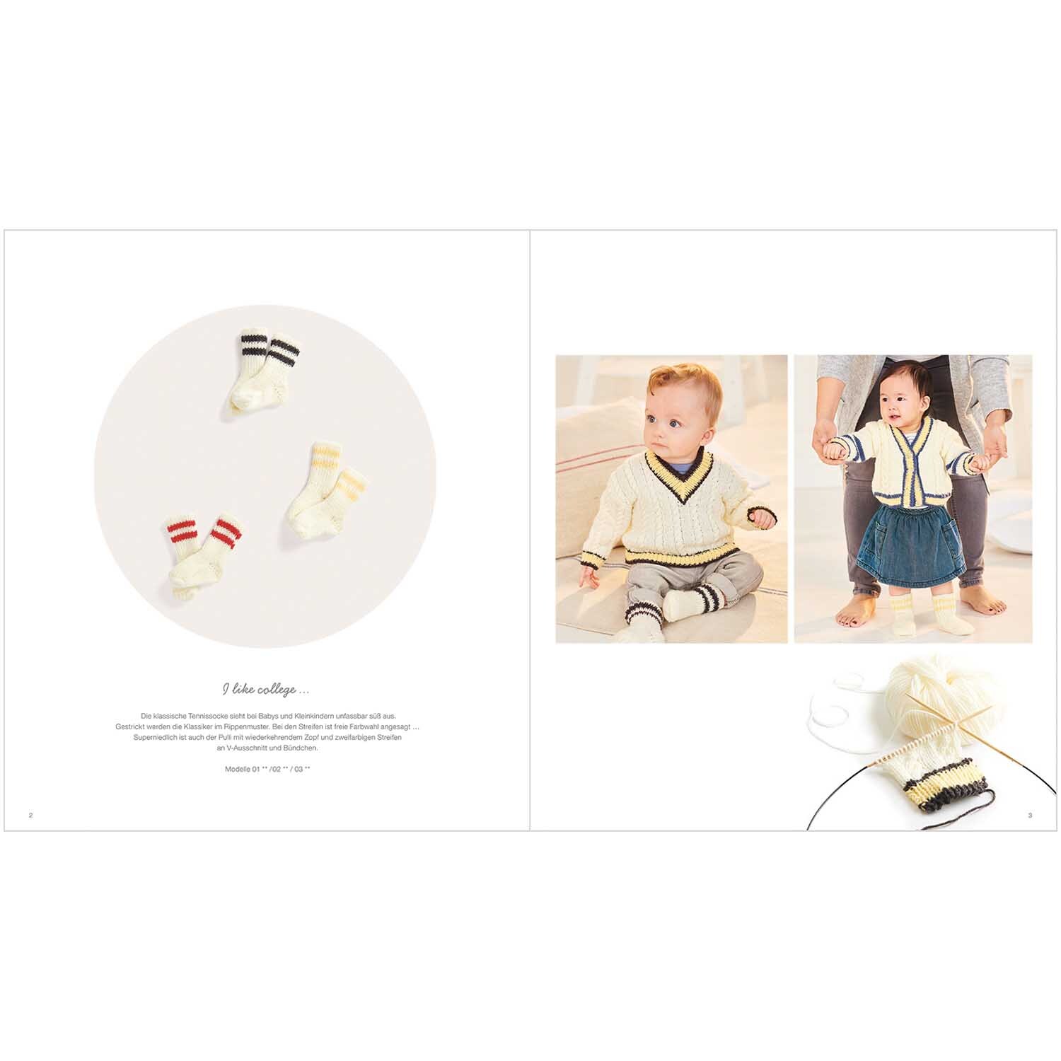 Rico Baby Heft Nr.34 zeigt Babys in gestrickten Outfits mit Streifenmuster, ideal für modische Kleinkinder.