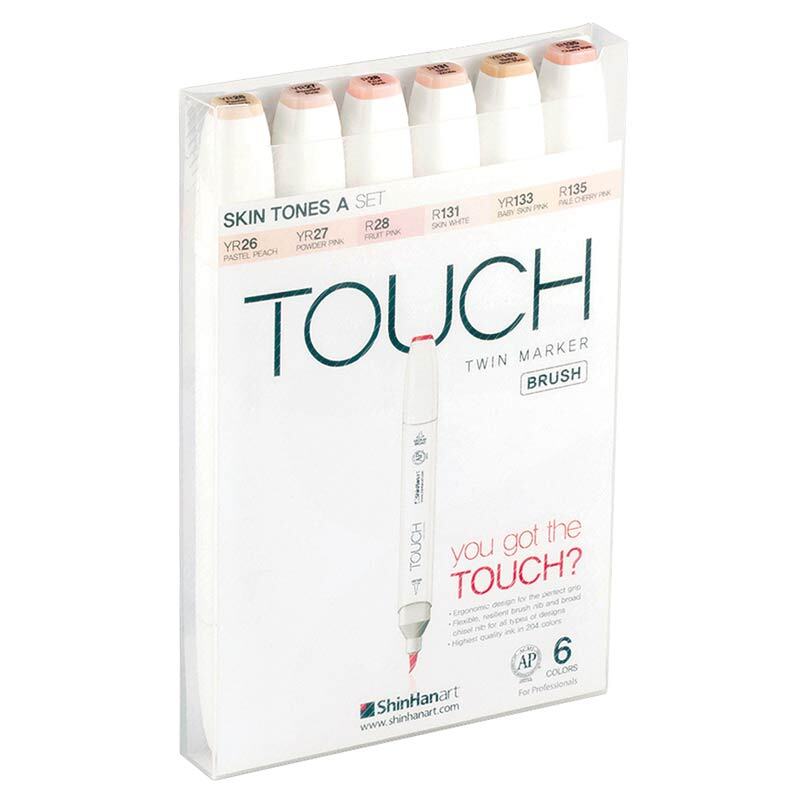 Twin Brush Marker Skin Tones, 6-teiliges Set, zeigt verschiedene Hauttöne in einer transparenten Verpackung. Ideal für Künstler und Designer.