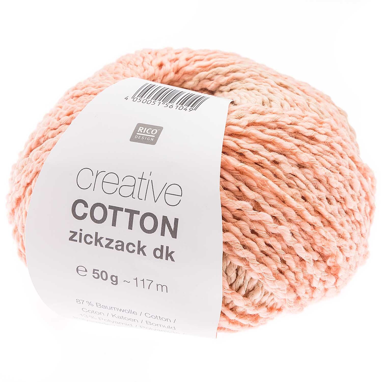 Creative Cotton Zickzack von Rico Design in Puder, 50g Knäuel mit 117m Länge, ideal zum Stricken.