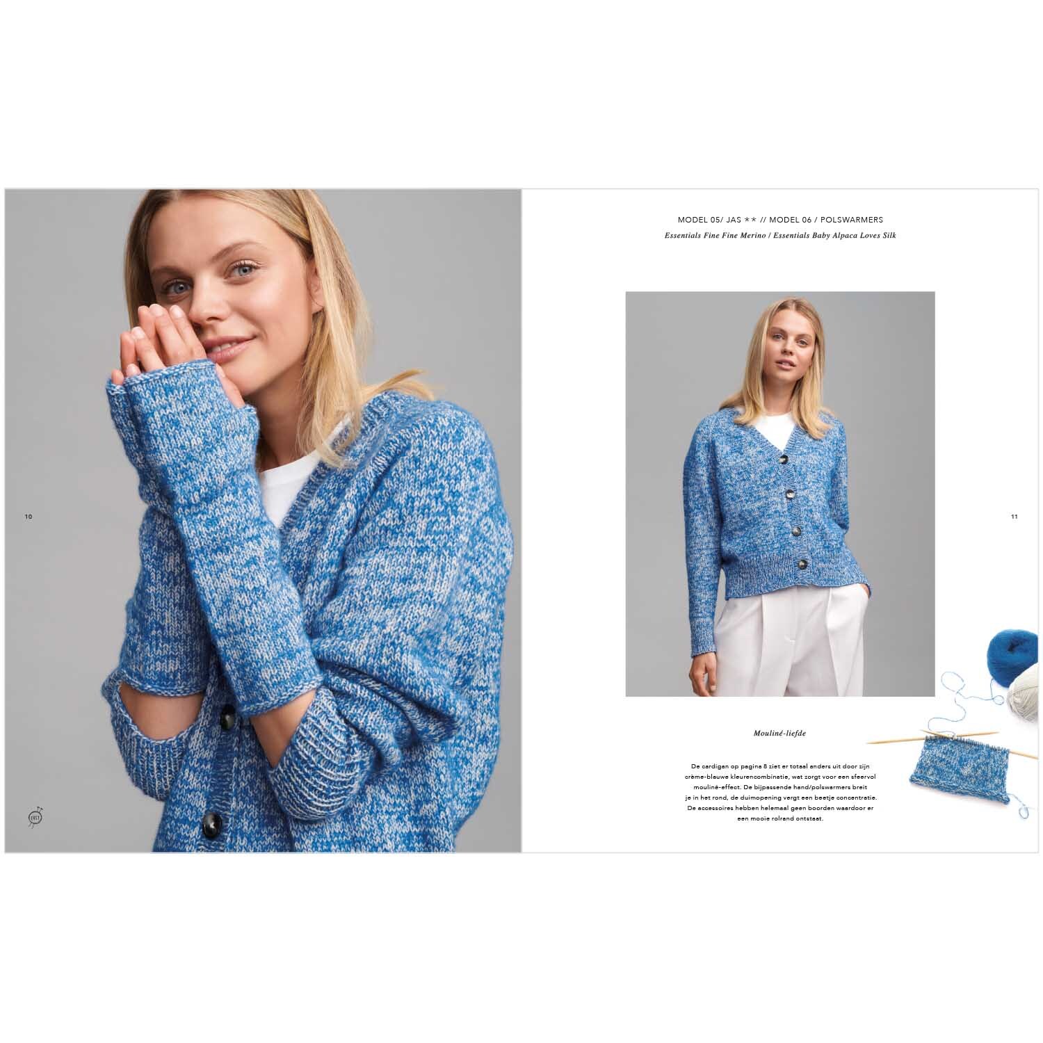 Top Down Knitting Special 2 niederländisch: Frau trägt blauen Strickpullover von Rico Design, lächelt und hält Hände vor Gesicht.
