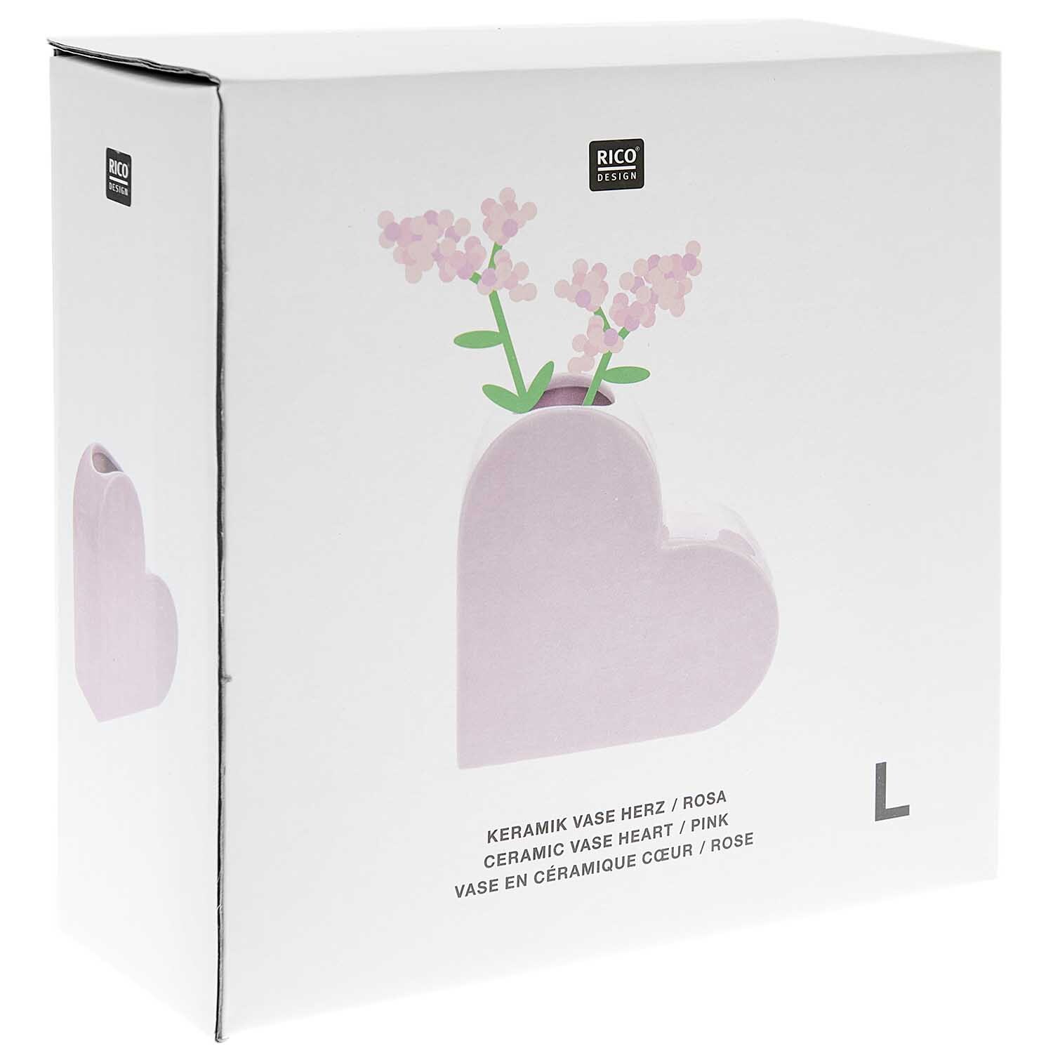 Keramik Vase Herz groß 16x6x16cm von Rico Design in Herzform, rosa, auf weißem Hintergrund mit Blumen.