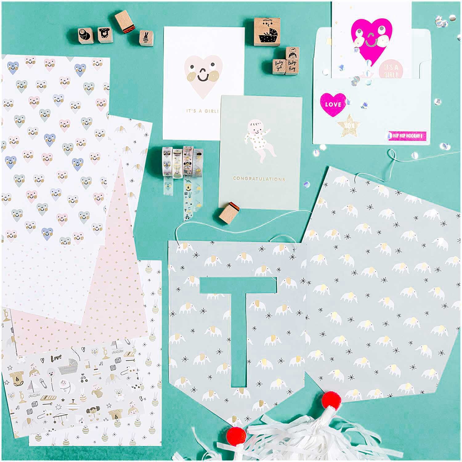 Paper Poetry Tape Hello Baby Elefanten, 1,5 cm breit, 10 m lang, mit niedlichen Elefantenmotiven auf Bastelmaterialien von Rico Design.
