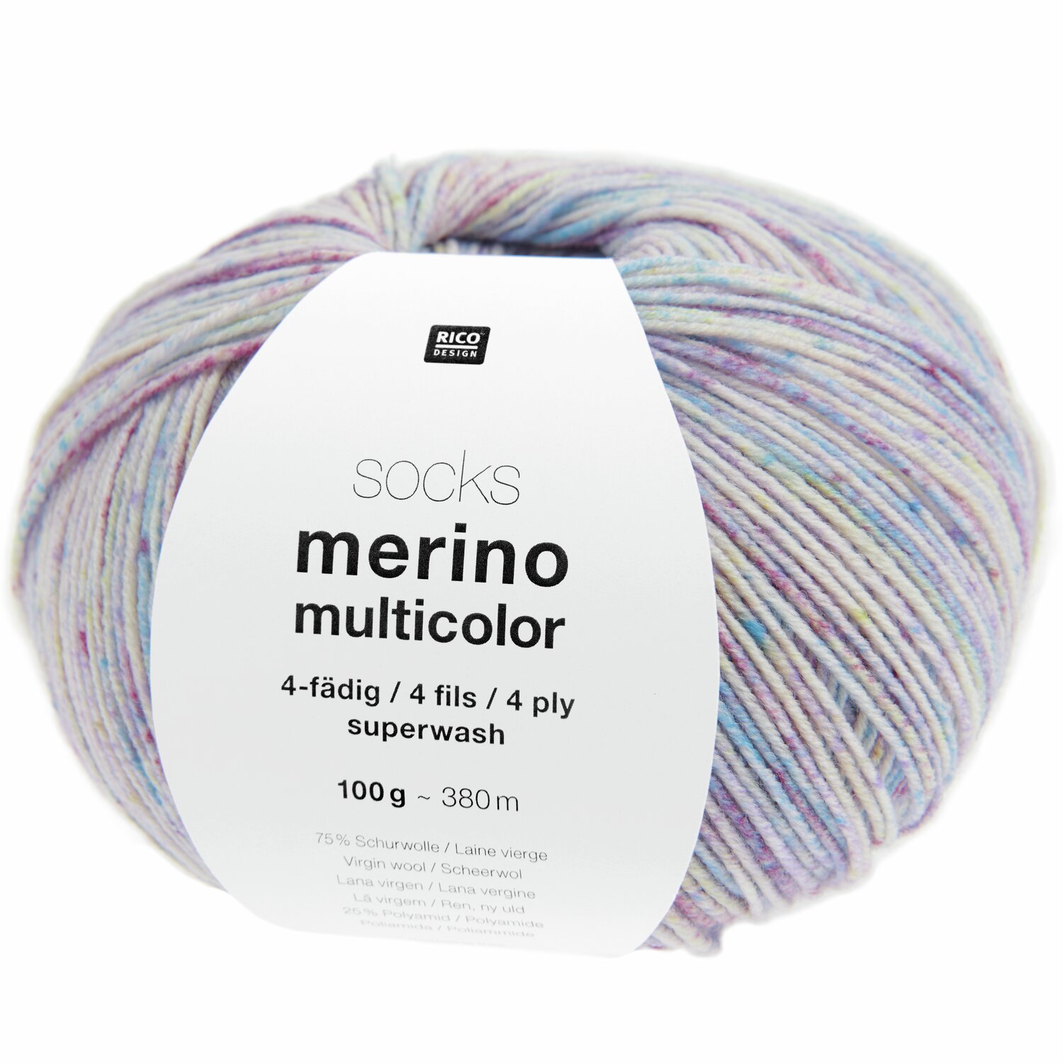 Socks Merino Multicolor 4-fädig Wolle von Rico Design in sanften Pastelltönen, 100g, 380m. Ideal für Strickprojekte mit weicher Textur.