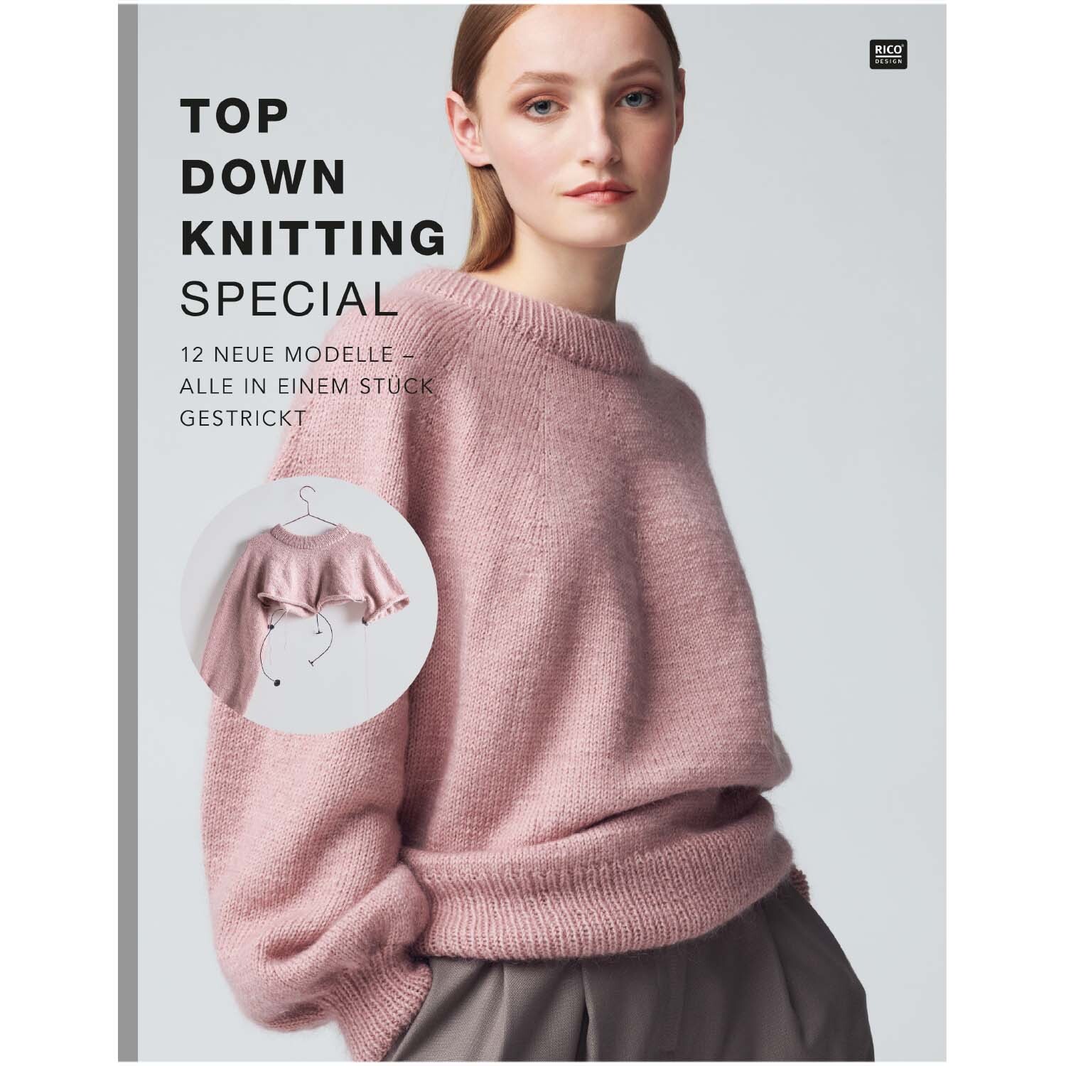 Top Down Knitting Special: Frau in rosa Pullover, präsentiert von Rico Design, mit elegantem Design.