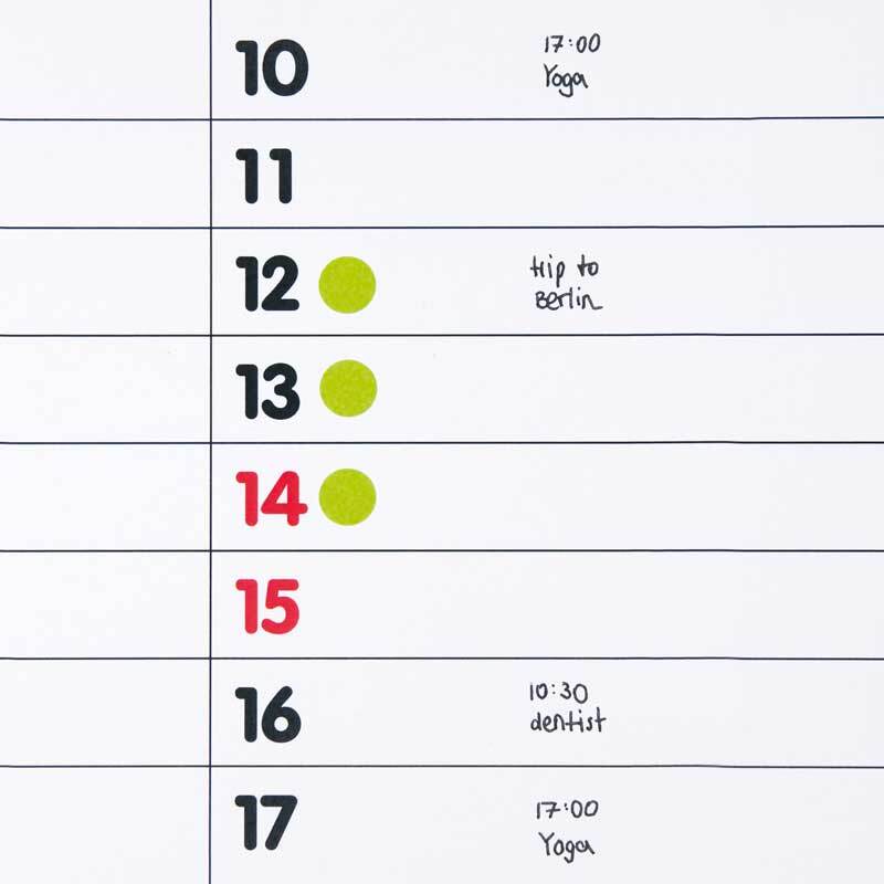 Office Sticker Punkte 8mm 4 Bogen: Kalender mit neongelben und neonroten Punkten von Rico Design zur Terminmarkierung.