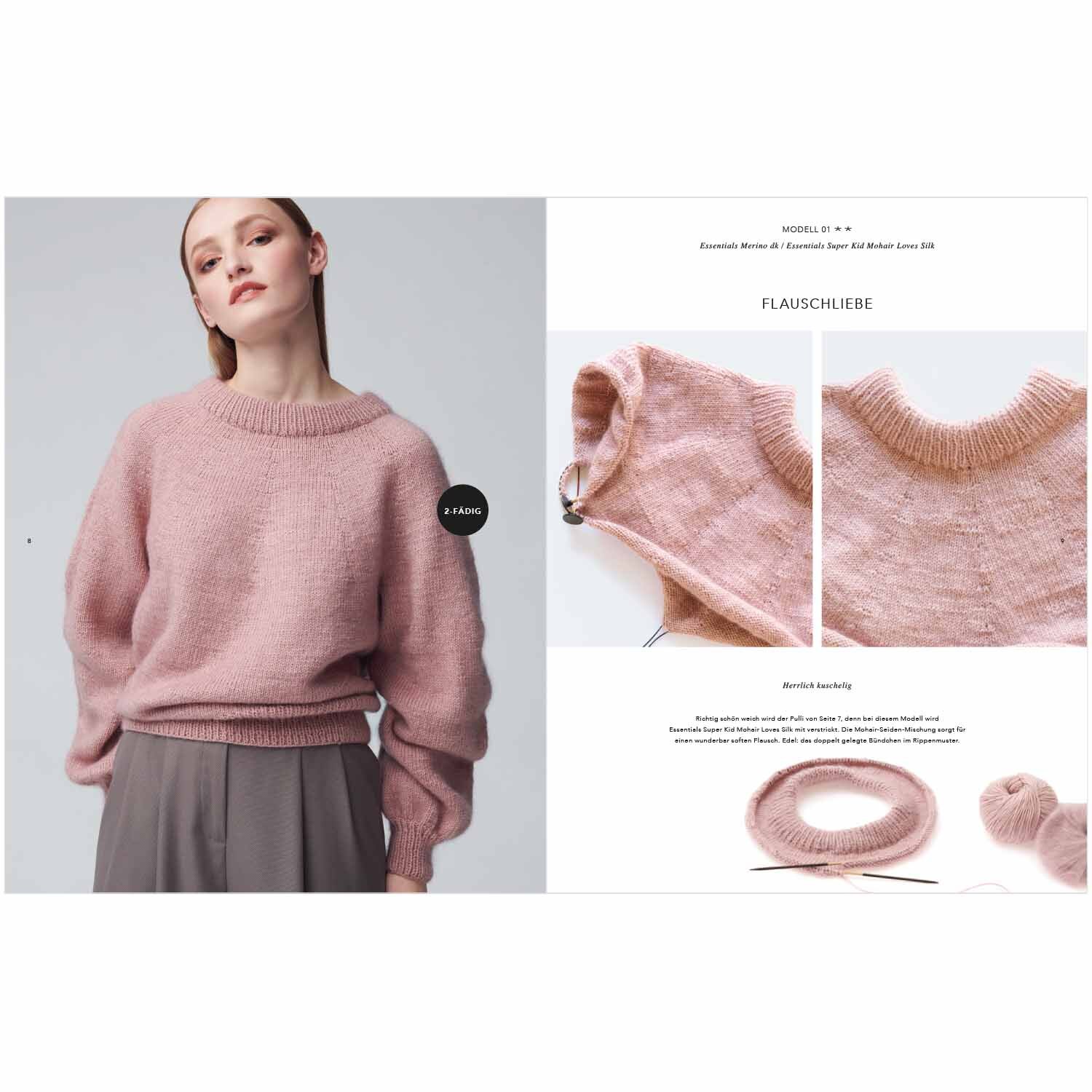 Top Down Knitting Special: Frau trägt einen rosa Pullover von Rico Design, daneben Strickdetails.