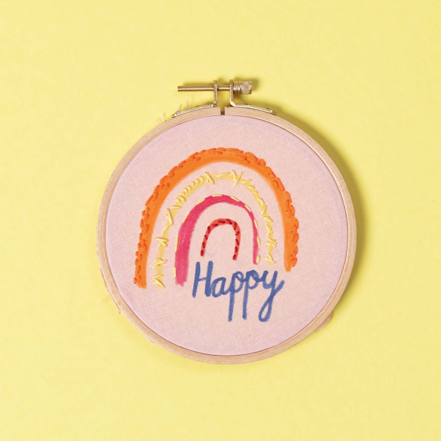 Bastelanleitung Regenbogen Wandbild: Stickrahmen mit buntem Regenbogen und dem Wort "Happy" auf gelbem Hintergrund.