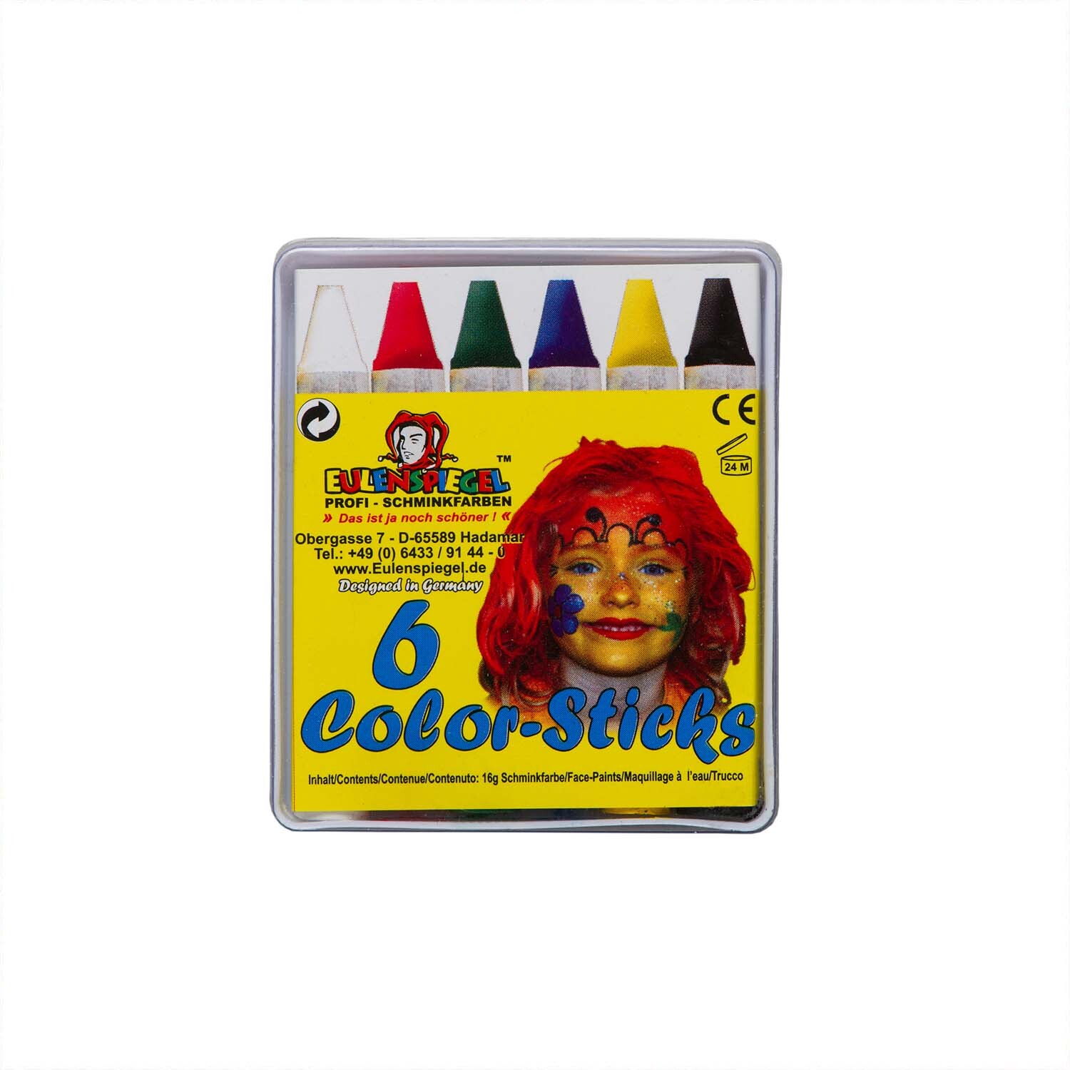 Schminkstifte Color-Sticks 6 Stück von Eulenspiegel in einer gelben Verpackung mit bunten Farben. Ideal für kreative Gesichtsbemalung.