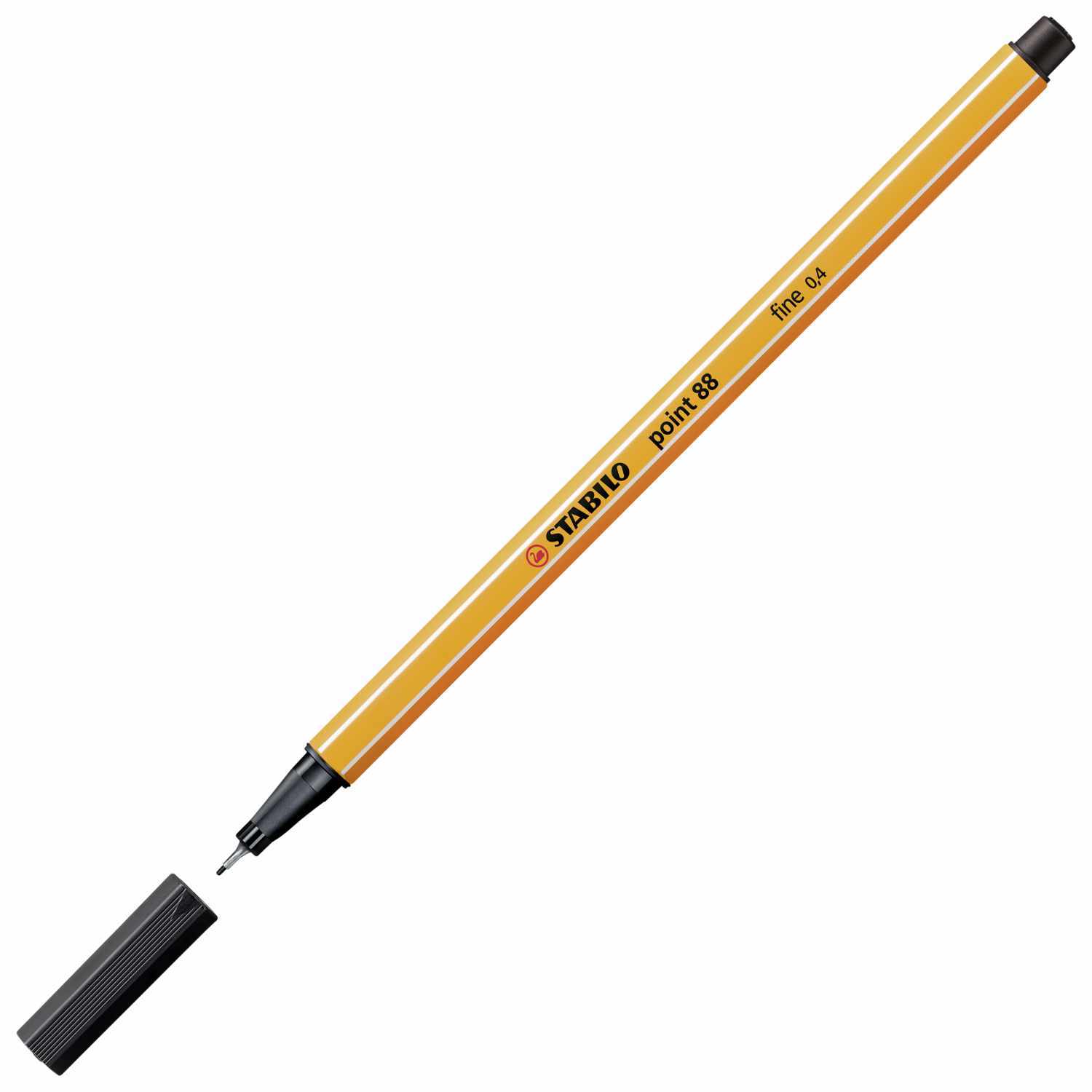 Point 88 Fineliner im Etui 40 Farben: Ein gelber STABILO Stift mit schwarzer Kappe, ideal für präzises Schreiben.