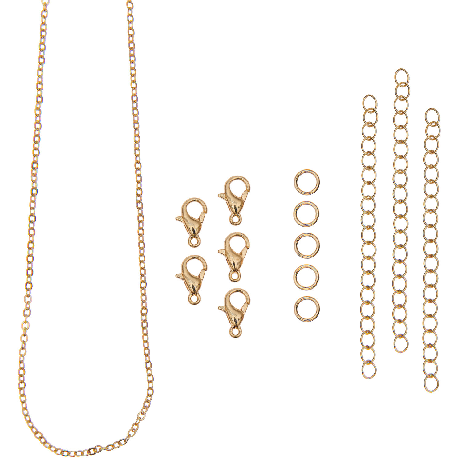Karabiner-Verschlüsse und Ketten gold, 14-teilig. Enthält Ketten, Verschlüsse und Ringe in Gold von Rico Design. Ideal für Schmuckherstellung.