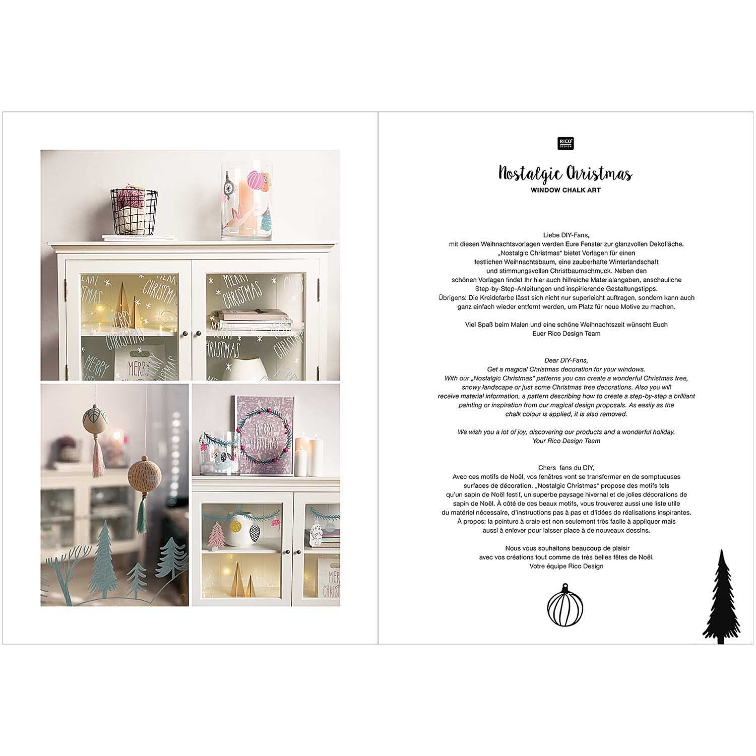 Vorlagenmappe für Fenster- und Glasmalerei mit Kreidestiften, dekoriert mit weihnachtlichen Motiven und Accessoires von Rico Design.