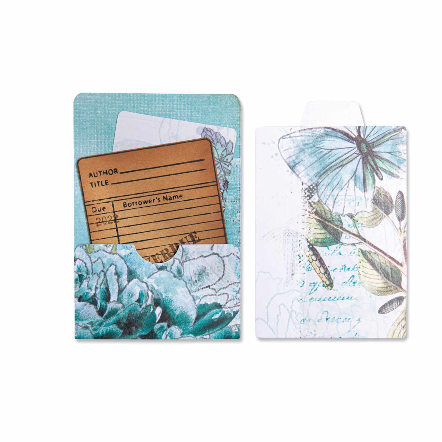 Thinlits Thinlits Die Set Library Pocket zeigt ein florales Design mit Schmetterling und Karte. Ideal für kreative Projekte.