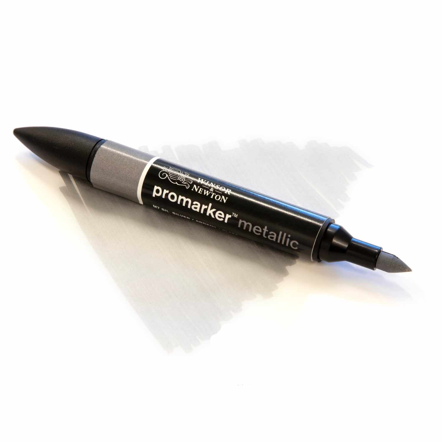 Promarker Aquarellmarker Metallic 6 Stück von Winsor & Newton, schwarz, auf weißem Hintergrund.