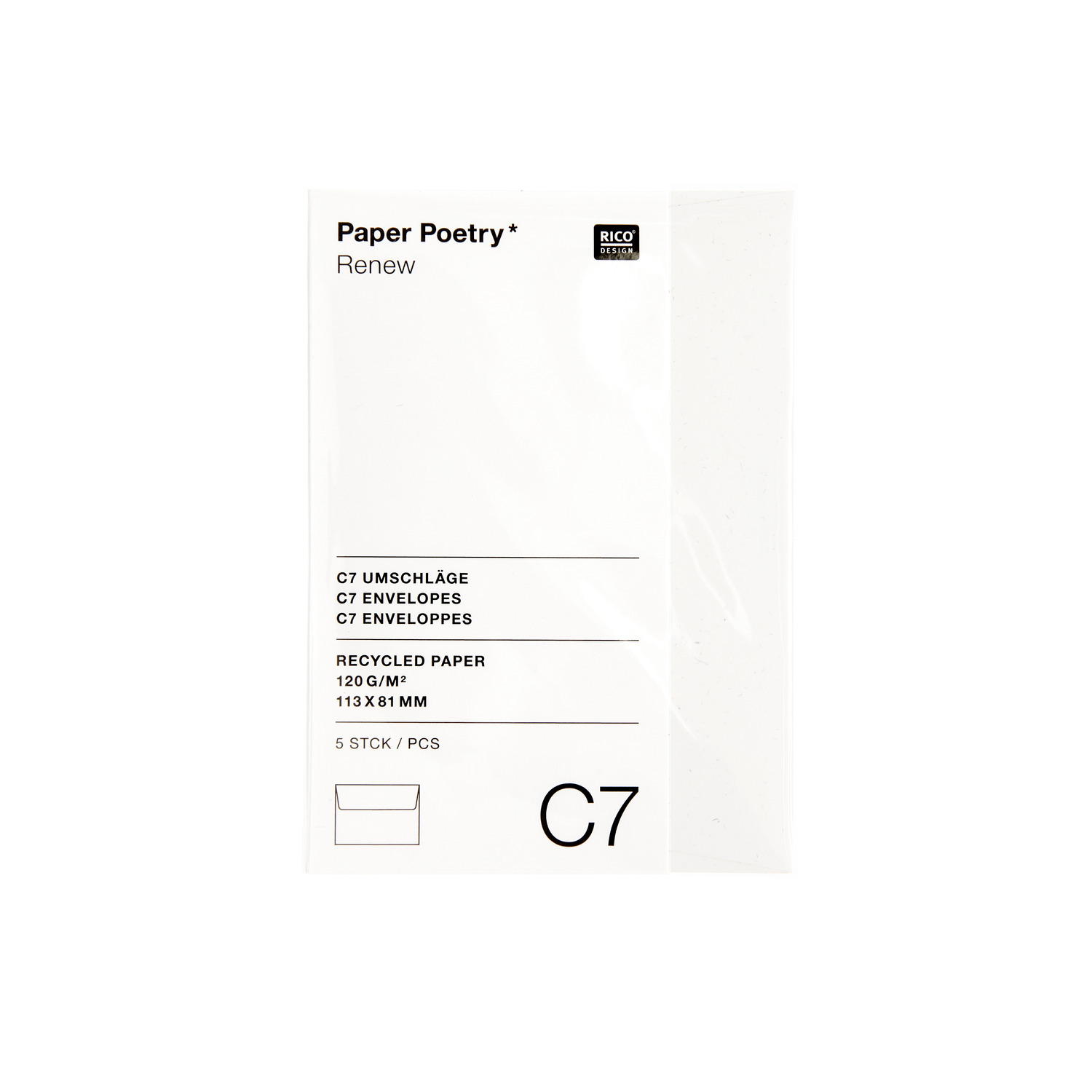 Paper Poetry Renew Umschläge C7, cremefarbene Briefumschläge von Rico Design, 5 Stück pro Packung.